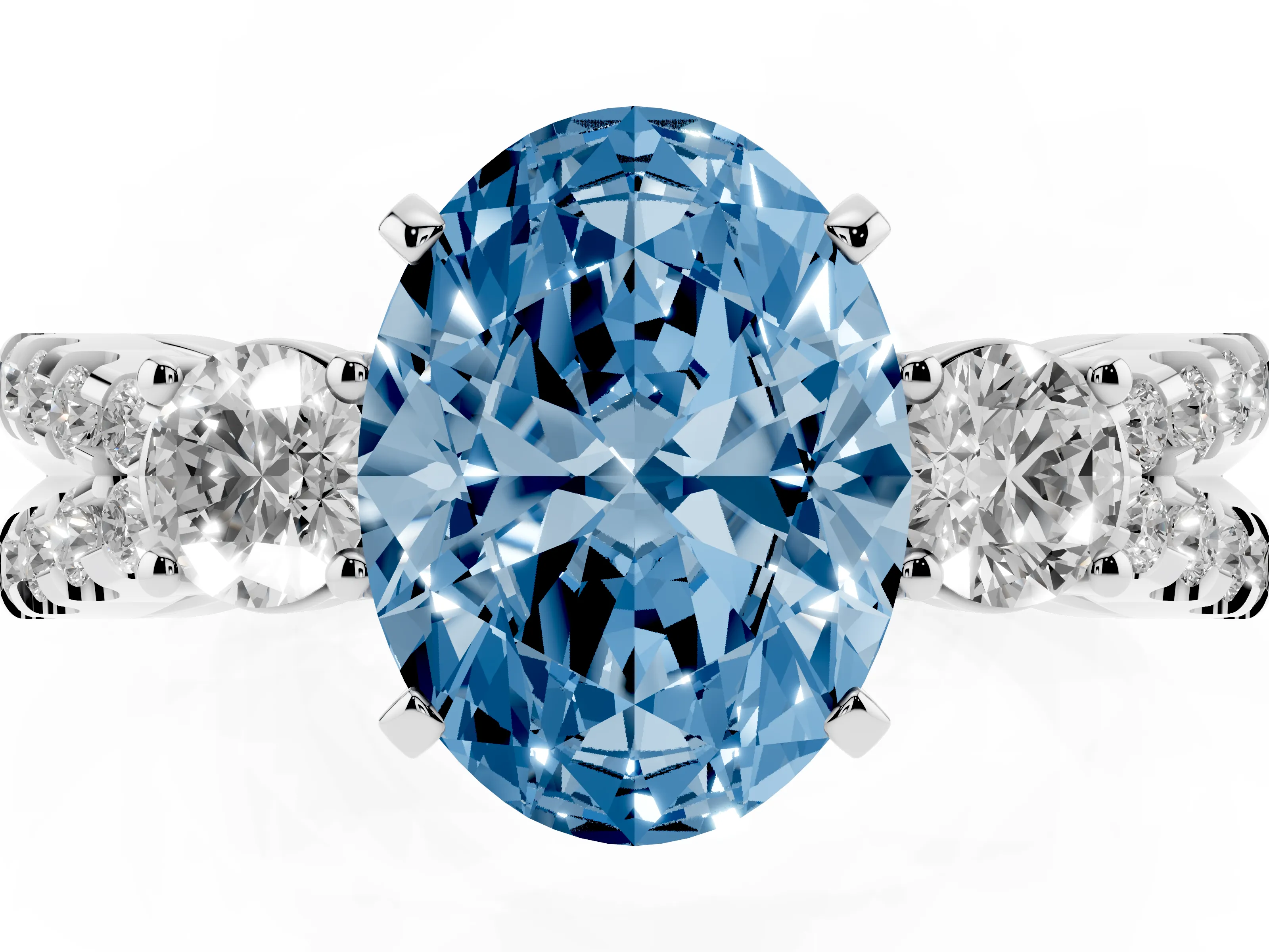 Fancy Blue Oval Cut Diamond Three-Stone Ring Set in Silver with Pavé Split Shank and Prong Setting