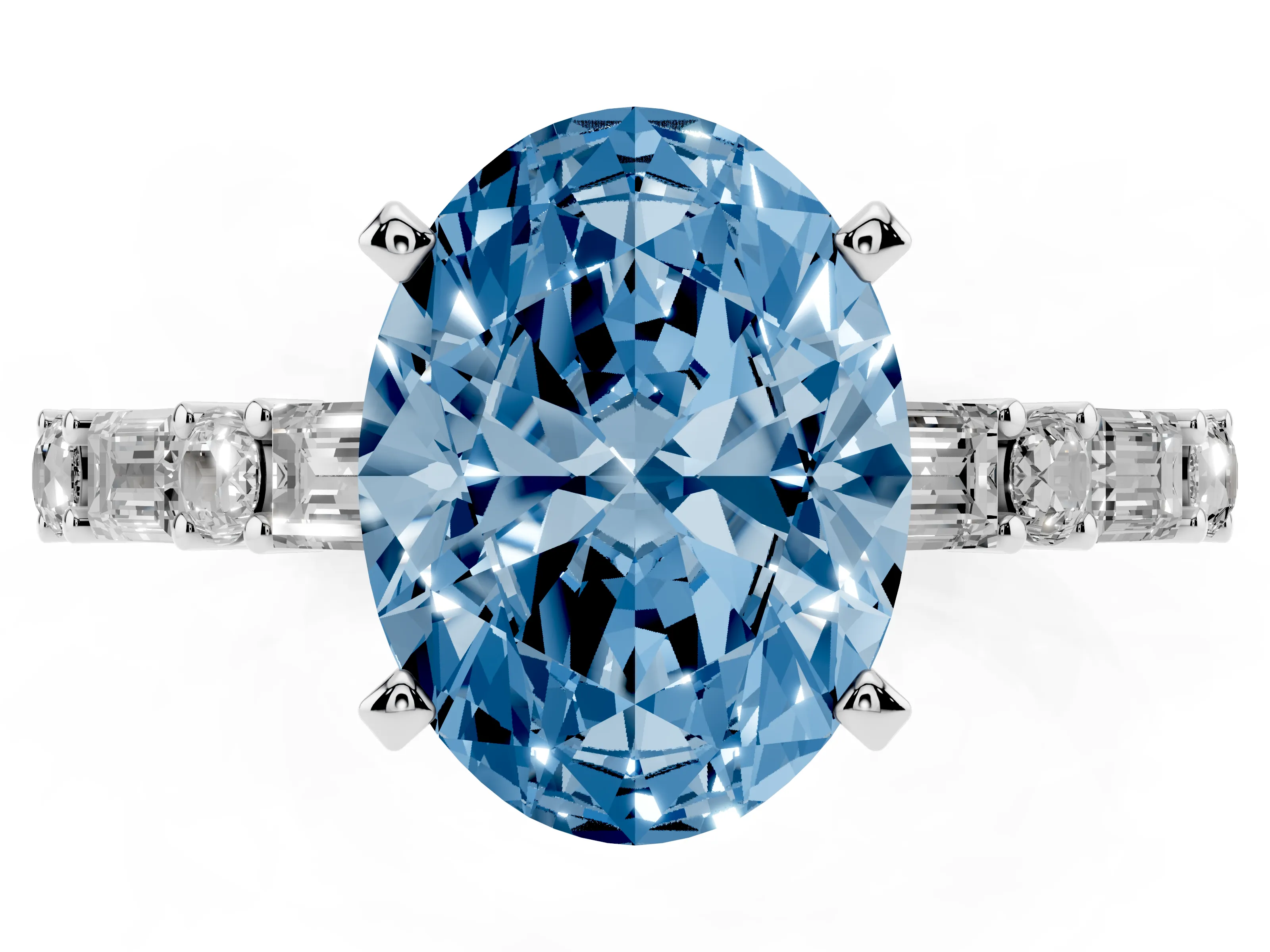 Fancy Blue Oval Cut Diamond Solitaire Set in Silver with Side Baguettes and Channel Set Band