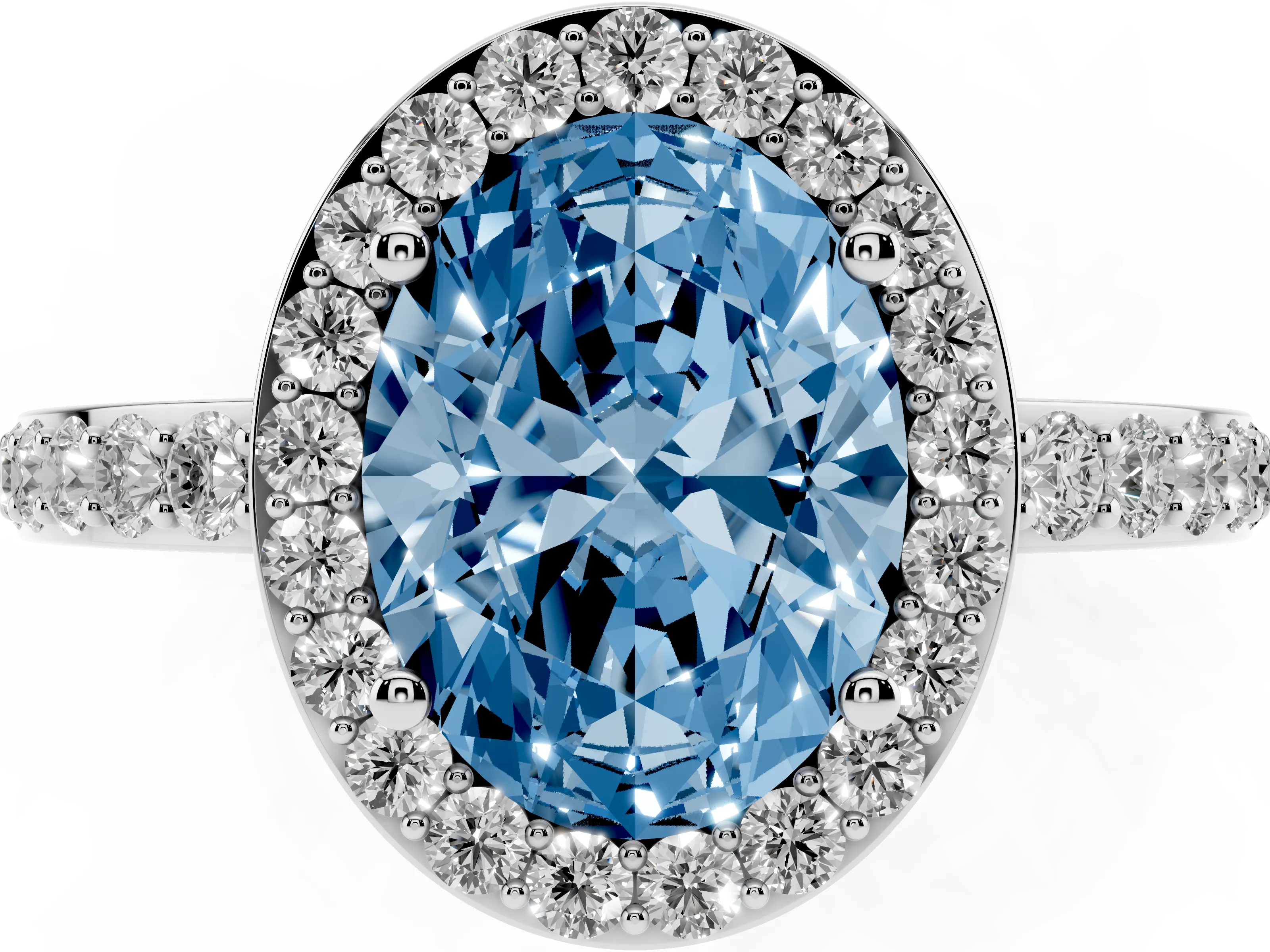 Fancy Blue Oval Cut Diamond Halo Ring Set in Silver with Pavé-Setting Band and Open Prong Center