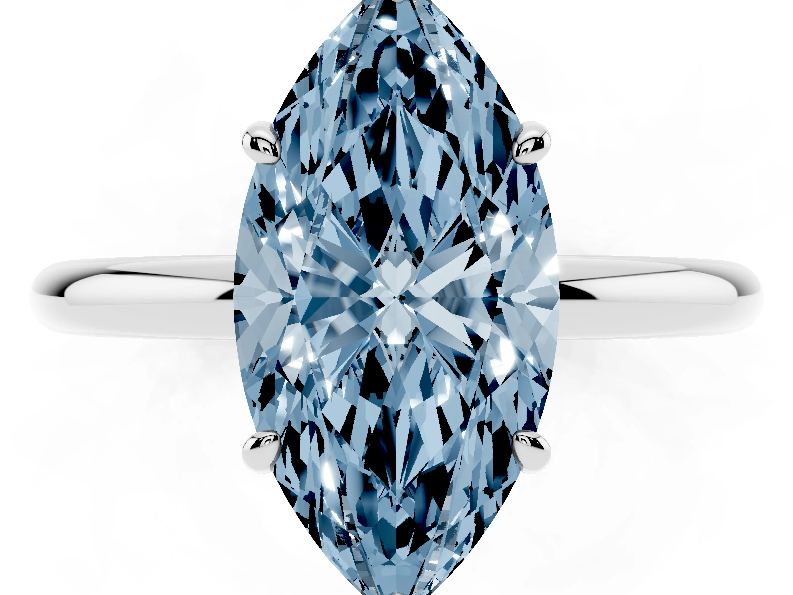 Fancy Blue Oval Cut Diamond Solitaire Ring Set in White gold with Prong Setting on a Polished Plain Band