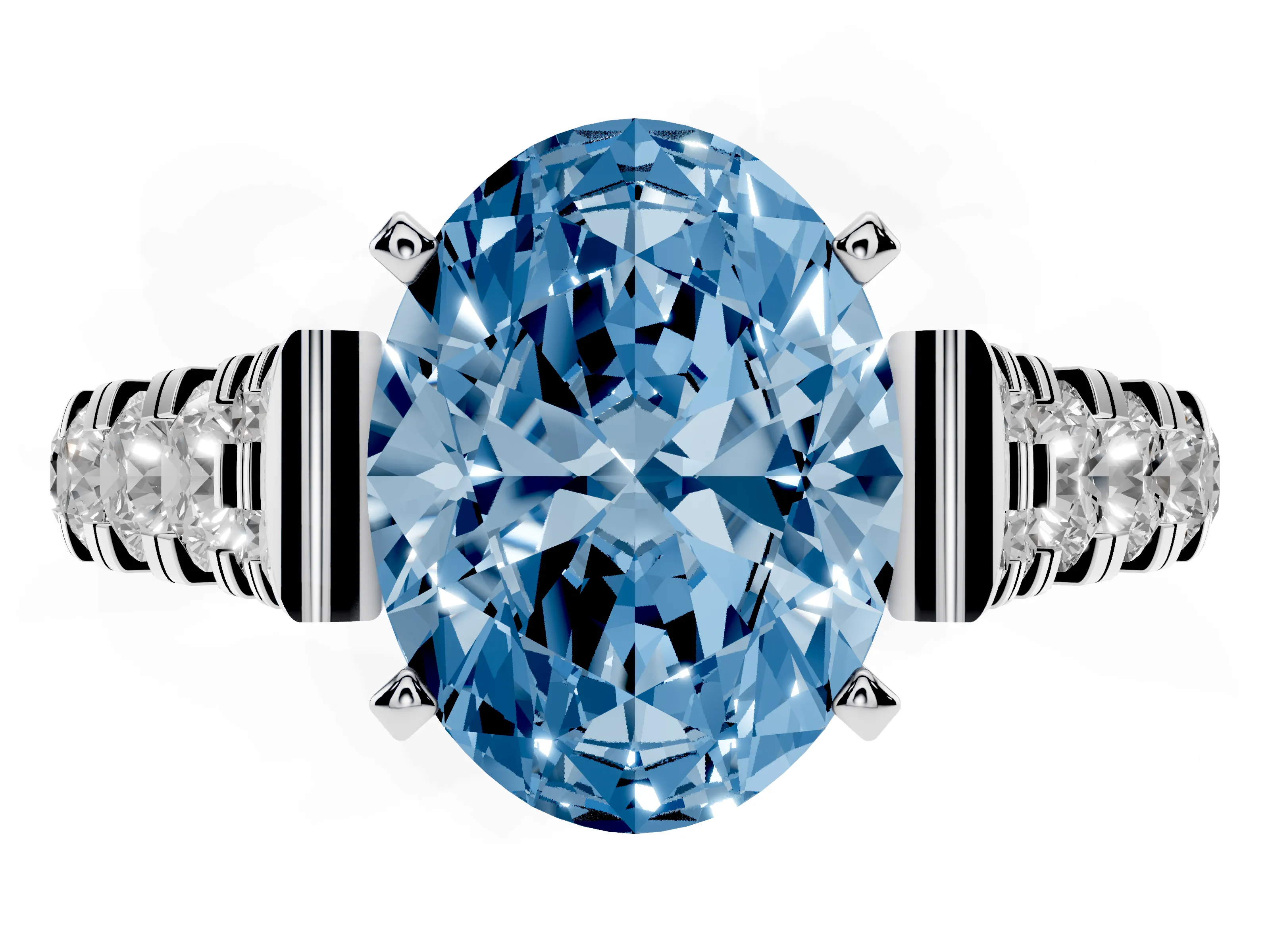 Fancy Blue Oval Cut Diamond Classic Solitaire Ring Set in White gold with Pavé Band and Prong Setting