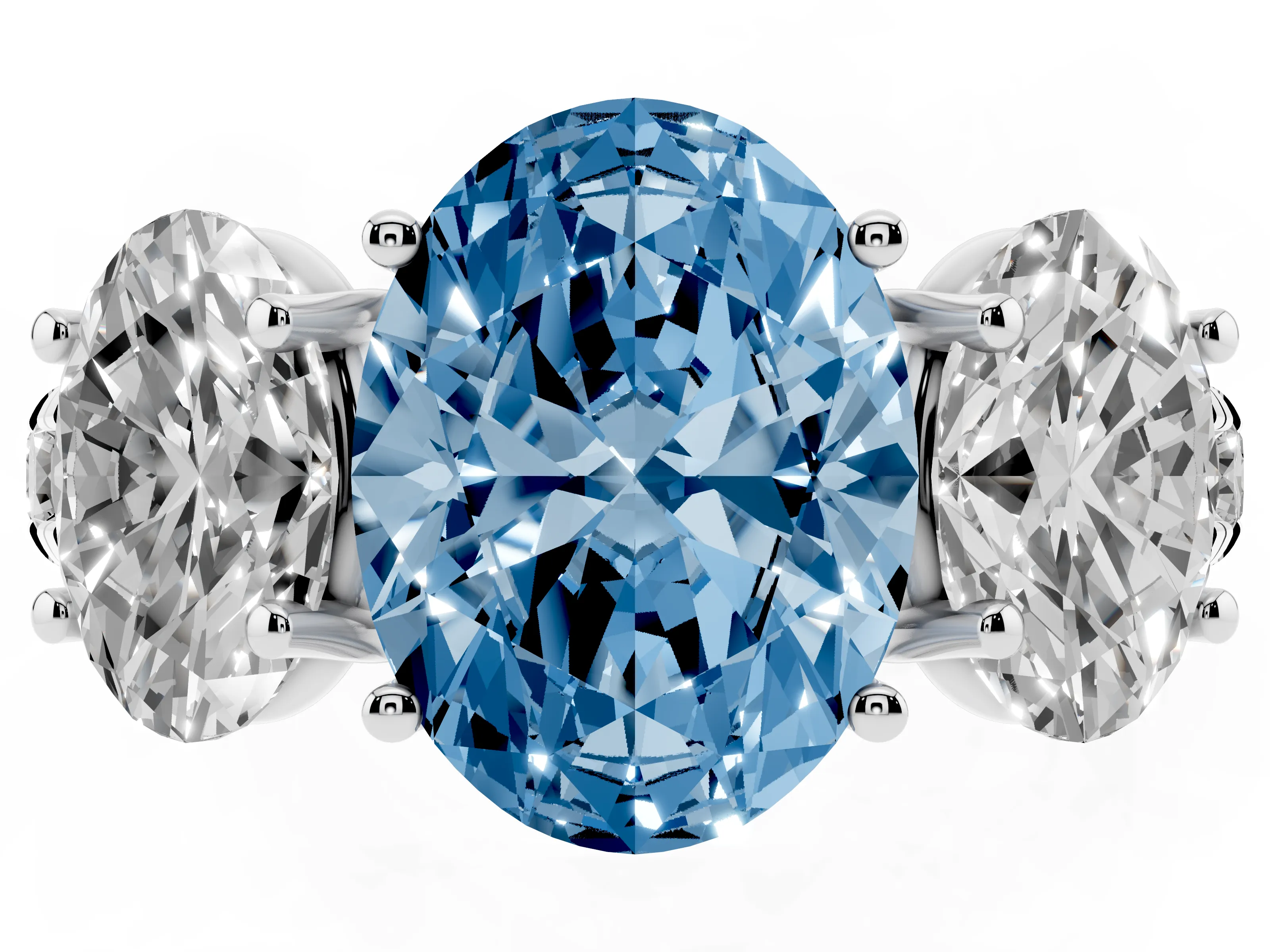 Fancy Blue Oval Cut Diamond Three-Stone Ring Set in Platinum with Pavé Band