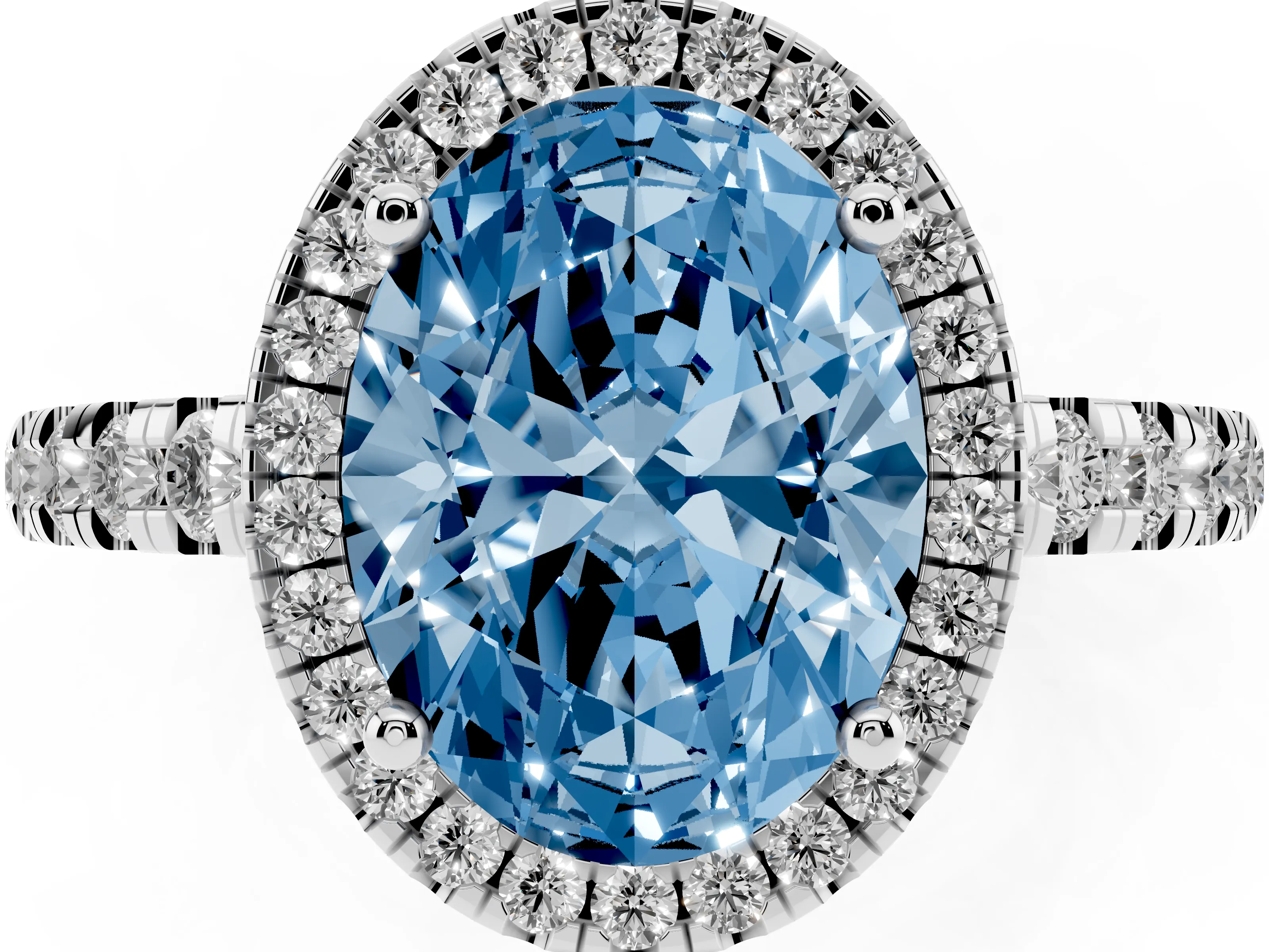 Fancy Blue Oval Cut Diamond Halo Ring Set in Silver with Delicate Pavé Band and Prong Setting