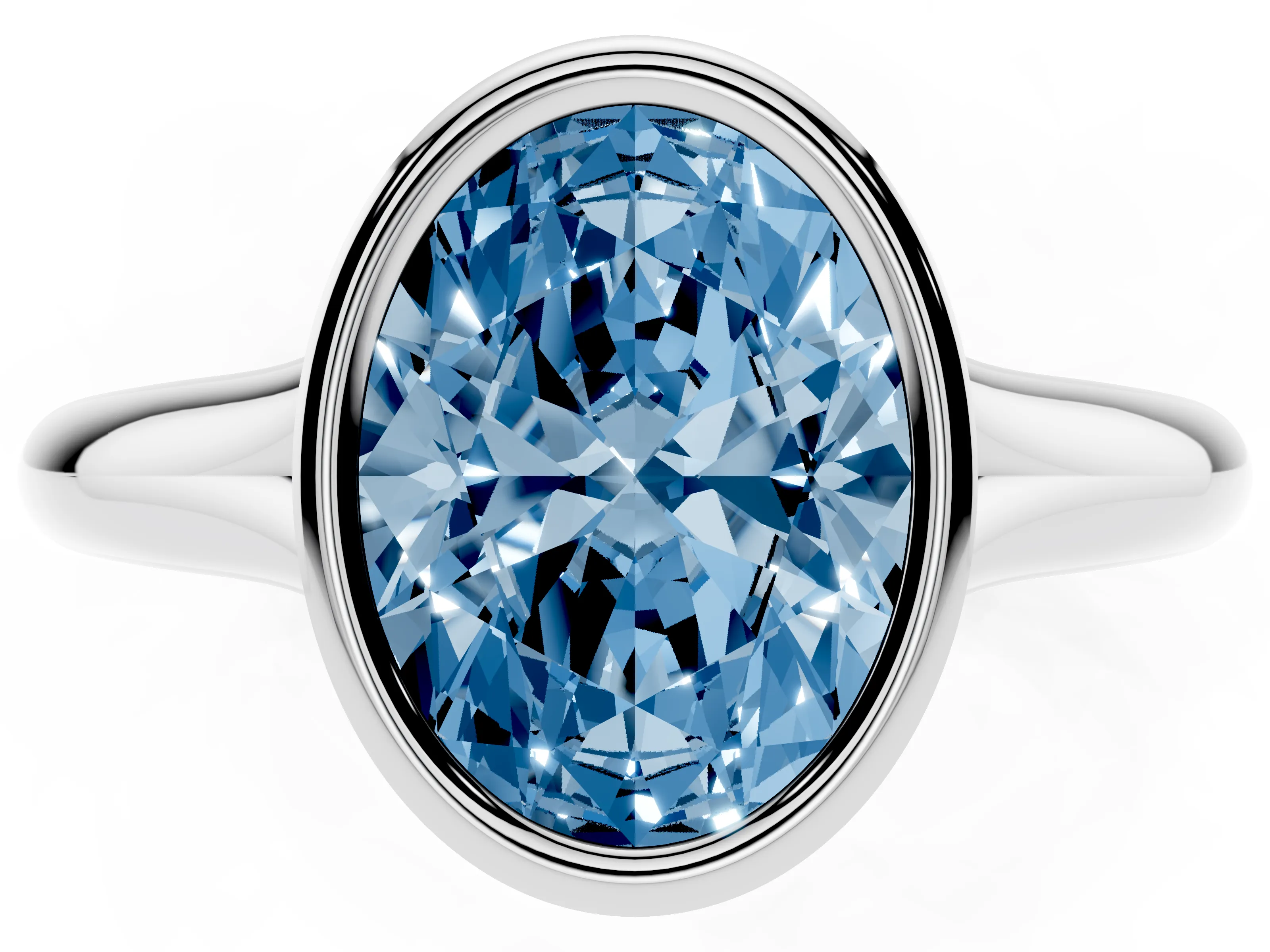 Fancy Blue Bezel Set Oval Cut Diamond Solitaire Ring Set in White gold with Smooth Band