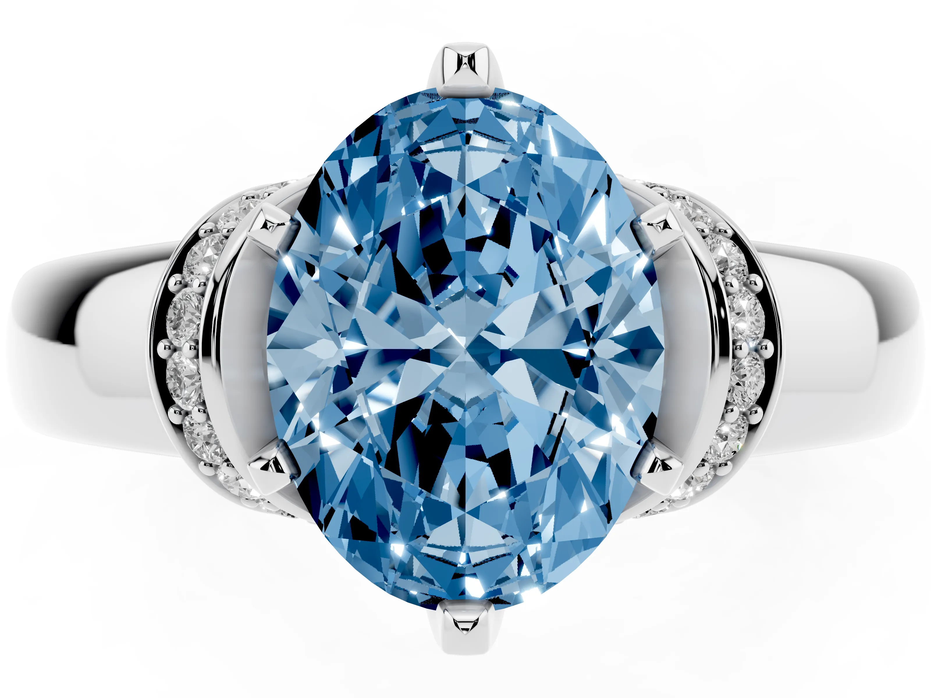 Fancy Blue Oval Cut Diamond Pavé Band Solitaire Ring Set in Platinum with Prong Setting