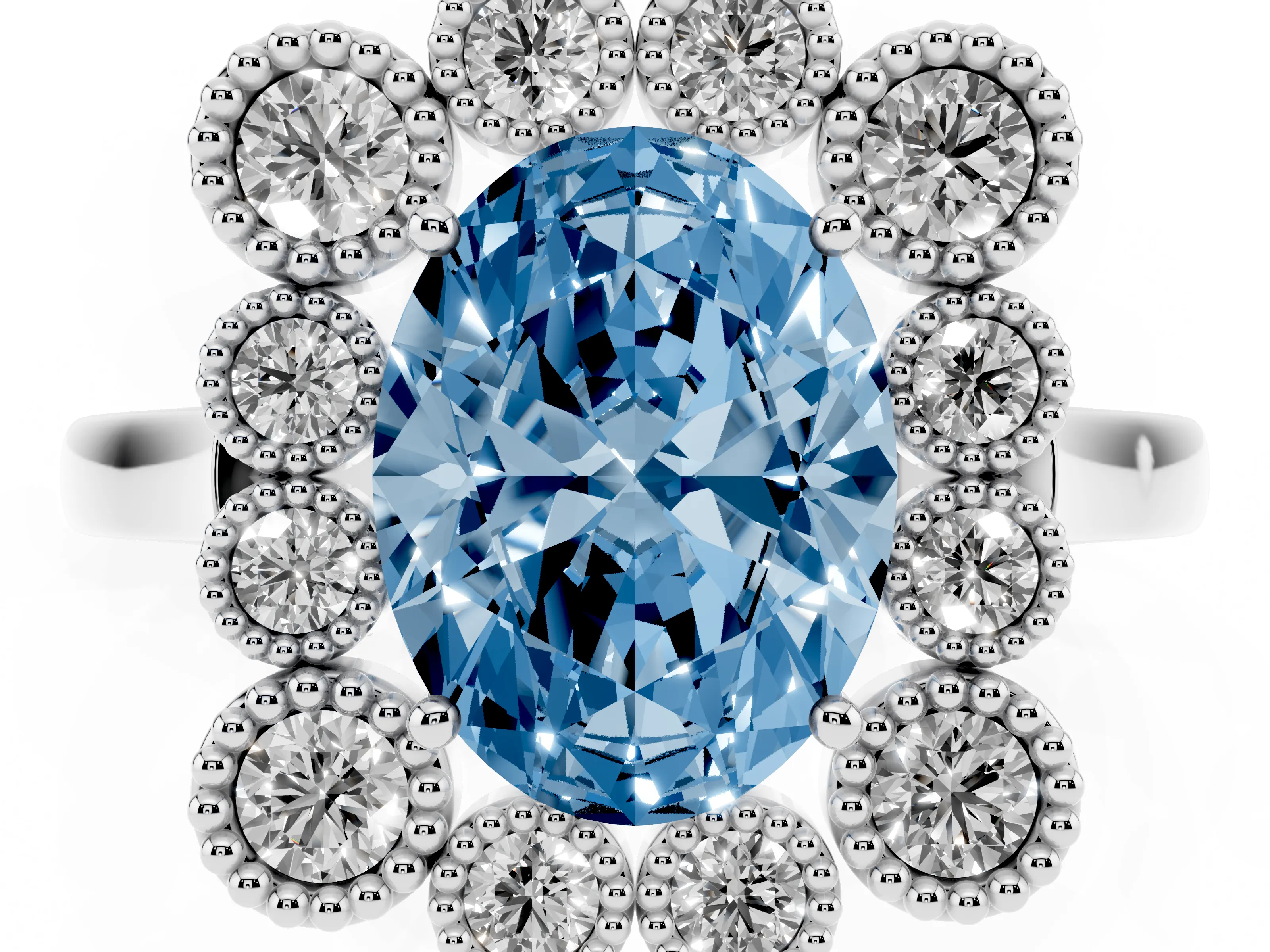 Fancy Blue Oval Cut Diamond Cluster Halo Ring Set in White gold with Milgrain Bezel Accents and Plain Band