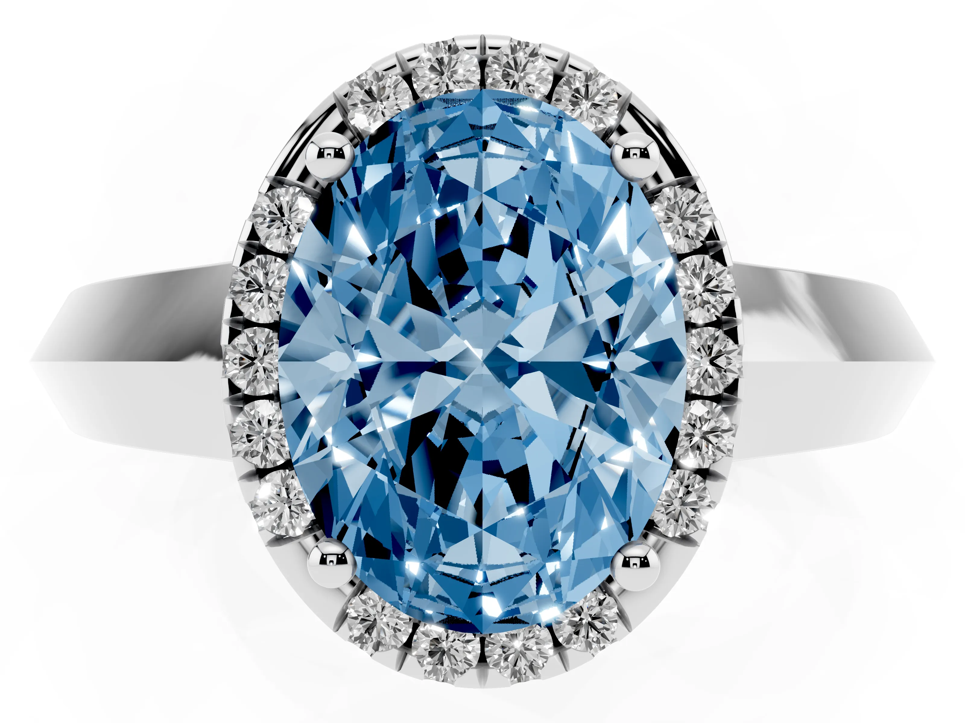 Fancy Blue Oval Cut Diamond Halo Ring Set in White gold with Cathedral Band and Prong Setting