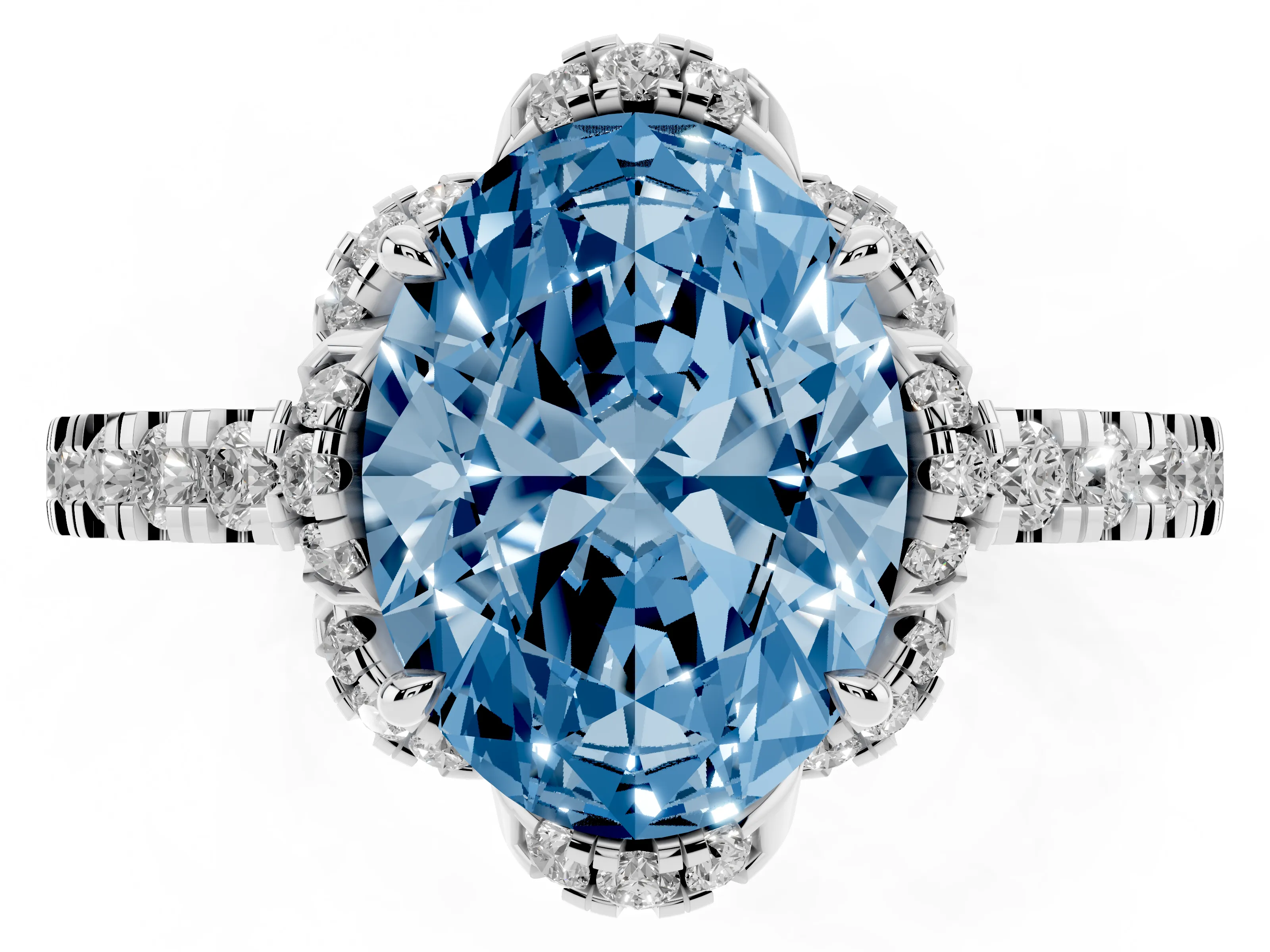 Fancy Blue Oval Cut Diamond Halo Pavé Band Ring Set in Silver with Prong-Held Center