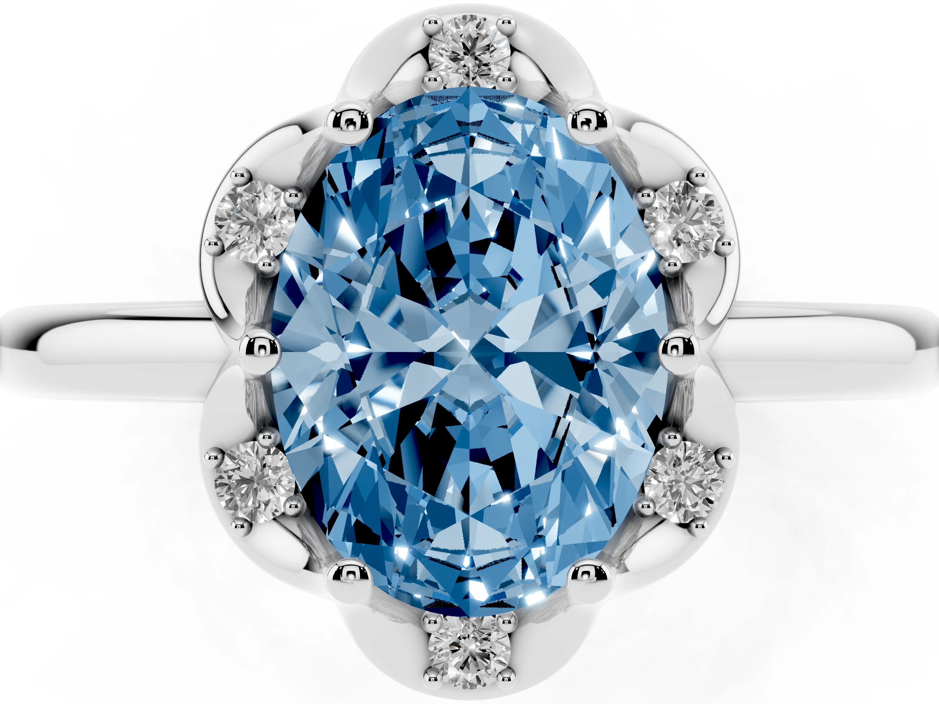 Fancy Blue Oval Cut Diamond Round Cluster Halo Ring Set in Silver with Solitaire Band and Prong Setting