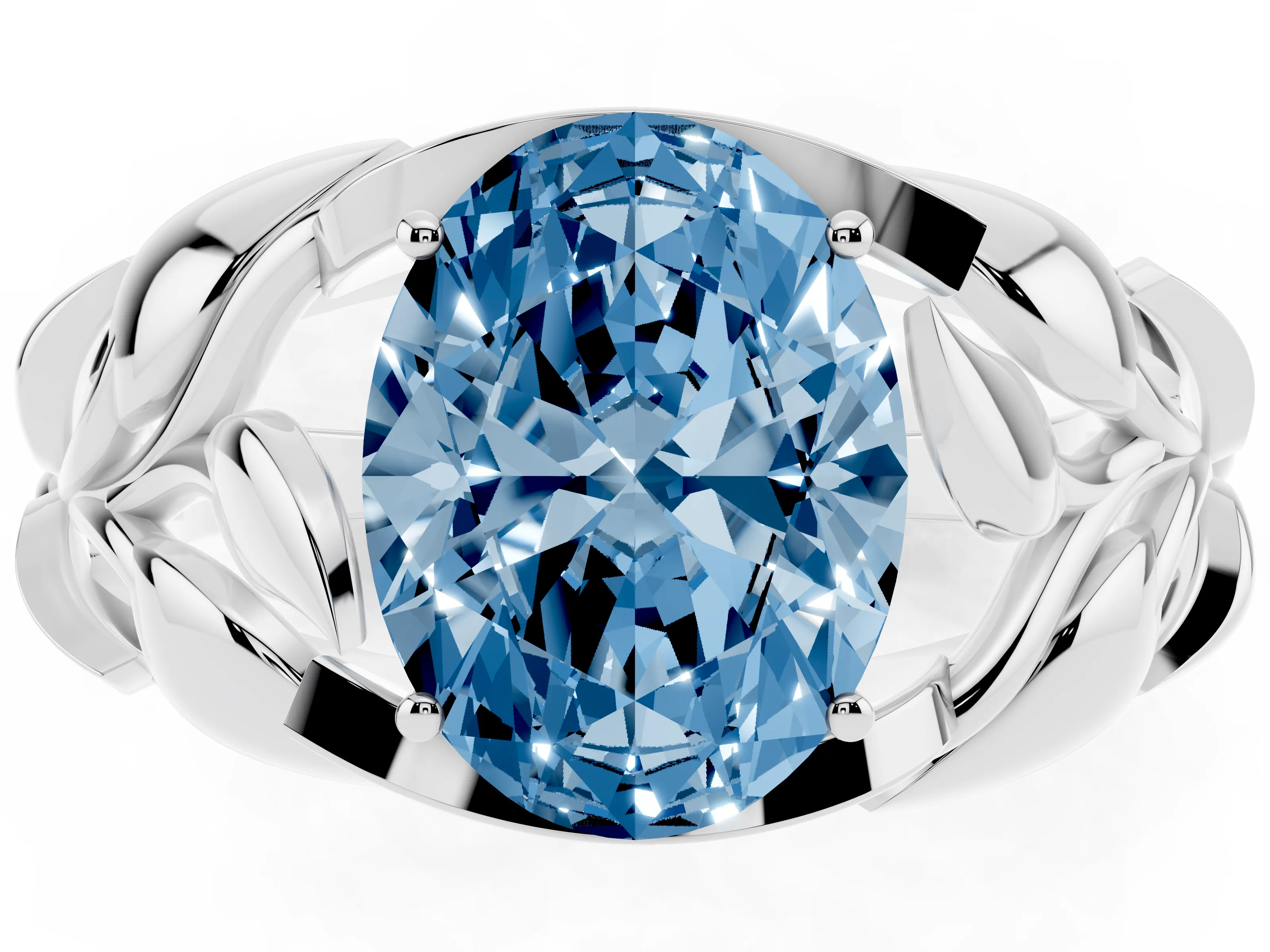 Fancy Blue Oval Cut Diamond Leaf-Inspired Engagement Ring Set in White gold with Round Accents