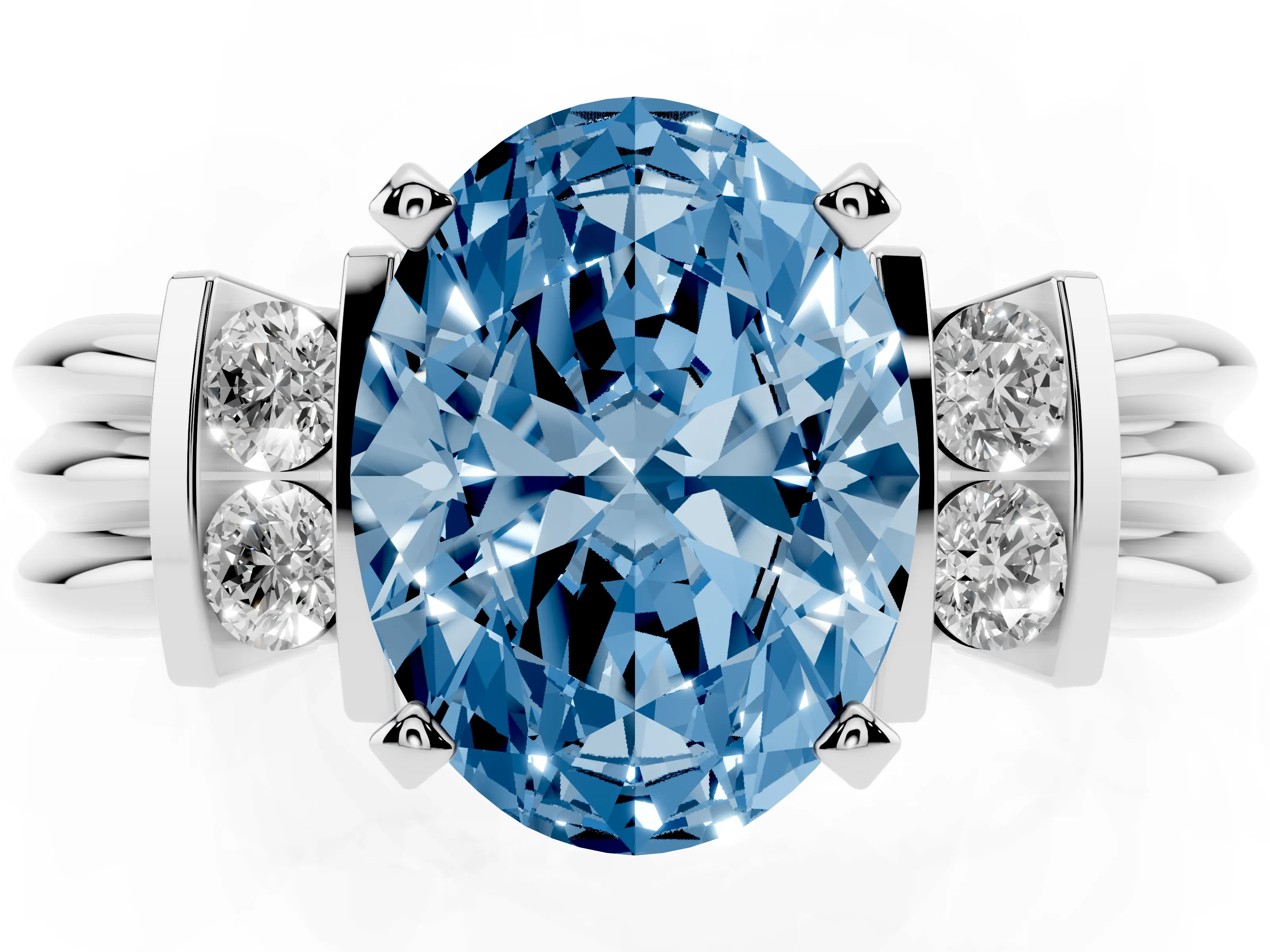 Fancy Blue Three-Stone Oval Cut Diamond Channel Set Ring Set in White gold with Bar Prongs