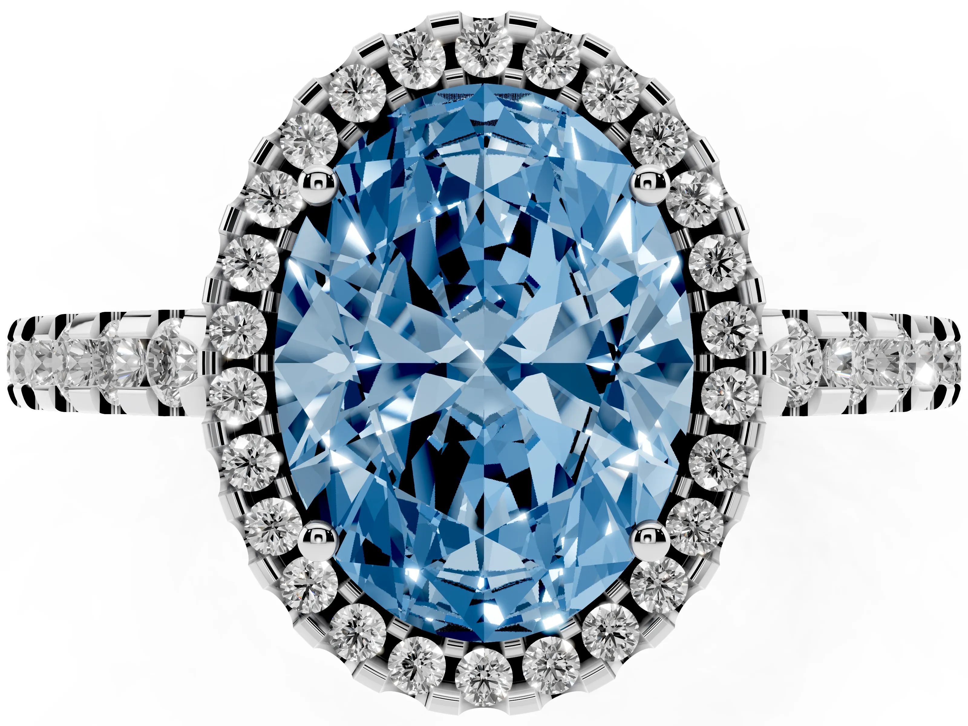 Fancy Blue Oval Cut Diamond Halo Ring Set in Platinum with Pavé Shoulders and Halo-Framed Center