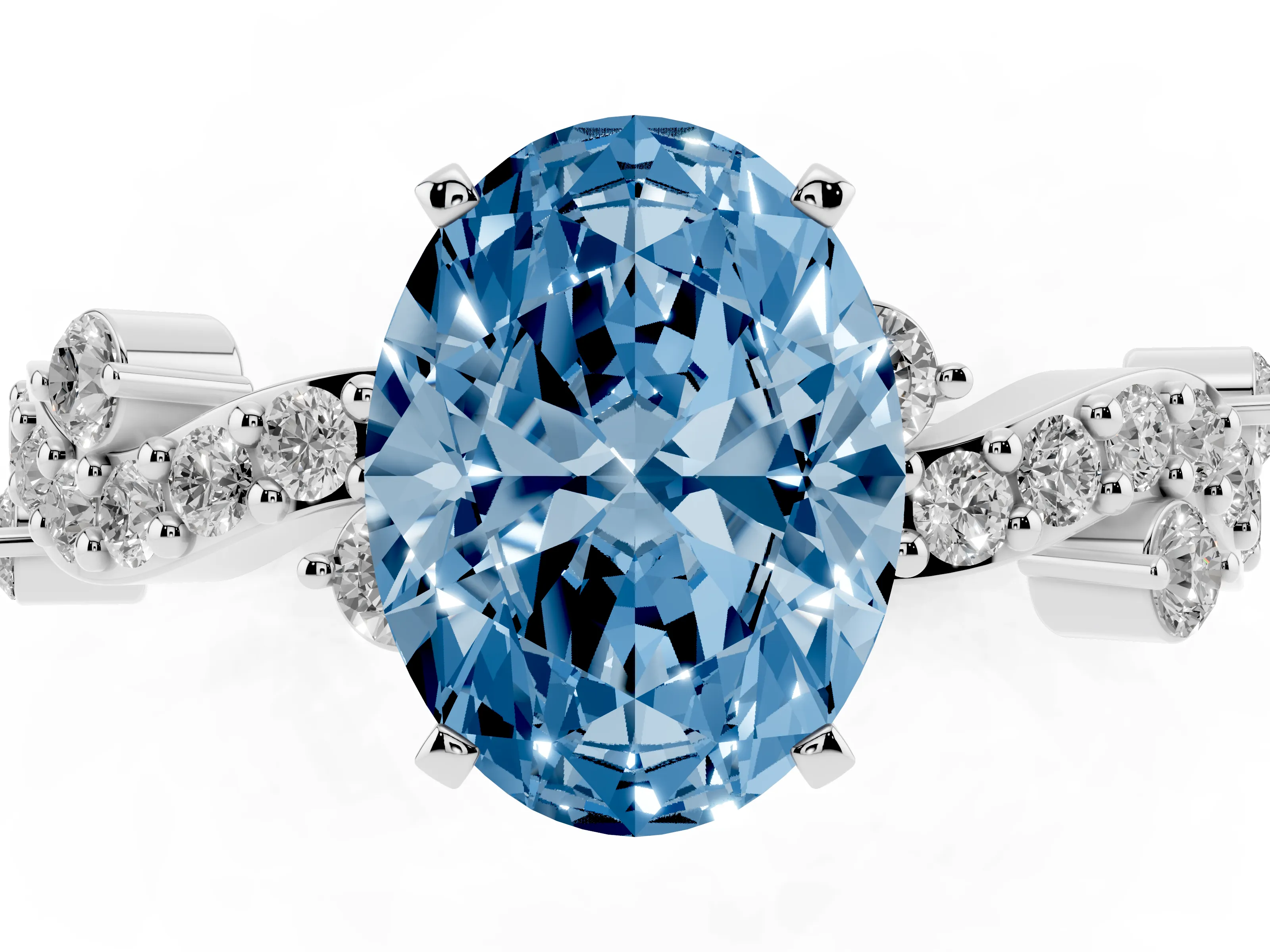 Fancy Blue Oval Cut Diamond Solitaire Twisted Band Set in Silver with Pavé Setting