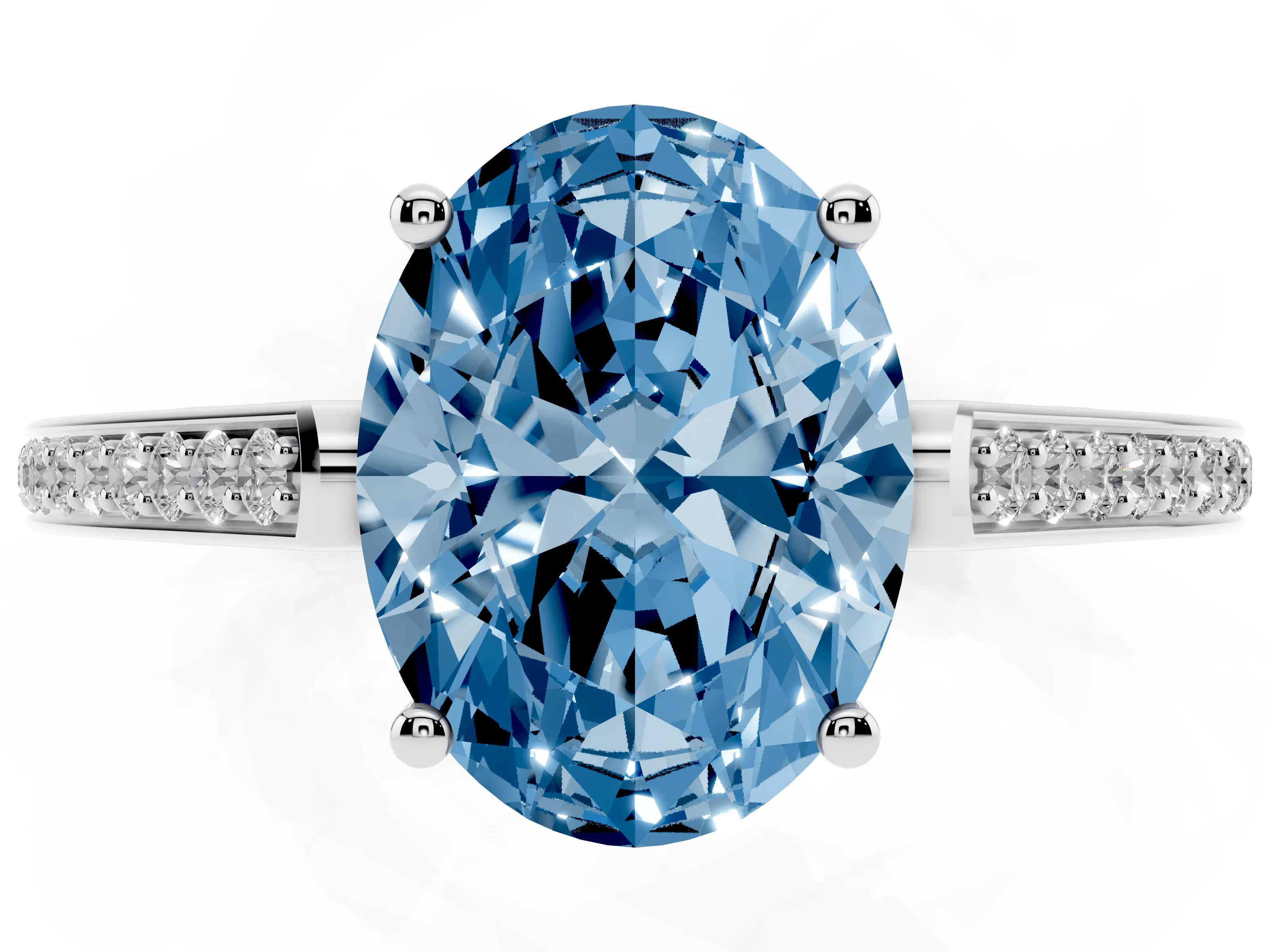 Fancy Blue Oval Cut Diamond Cathedral Pavé Engagement Ring Set in White gold with Prong Setting