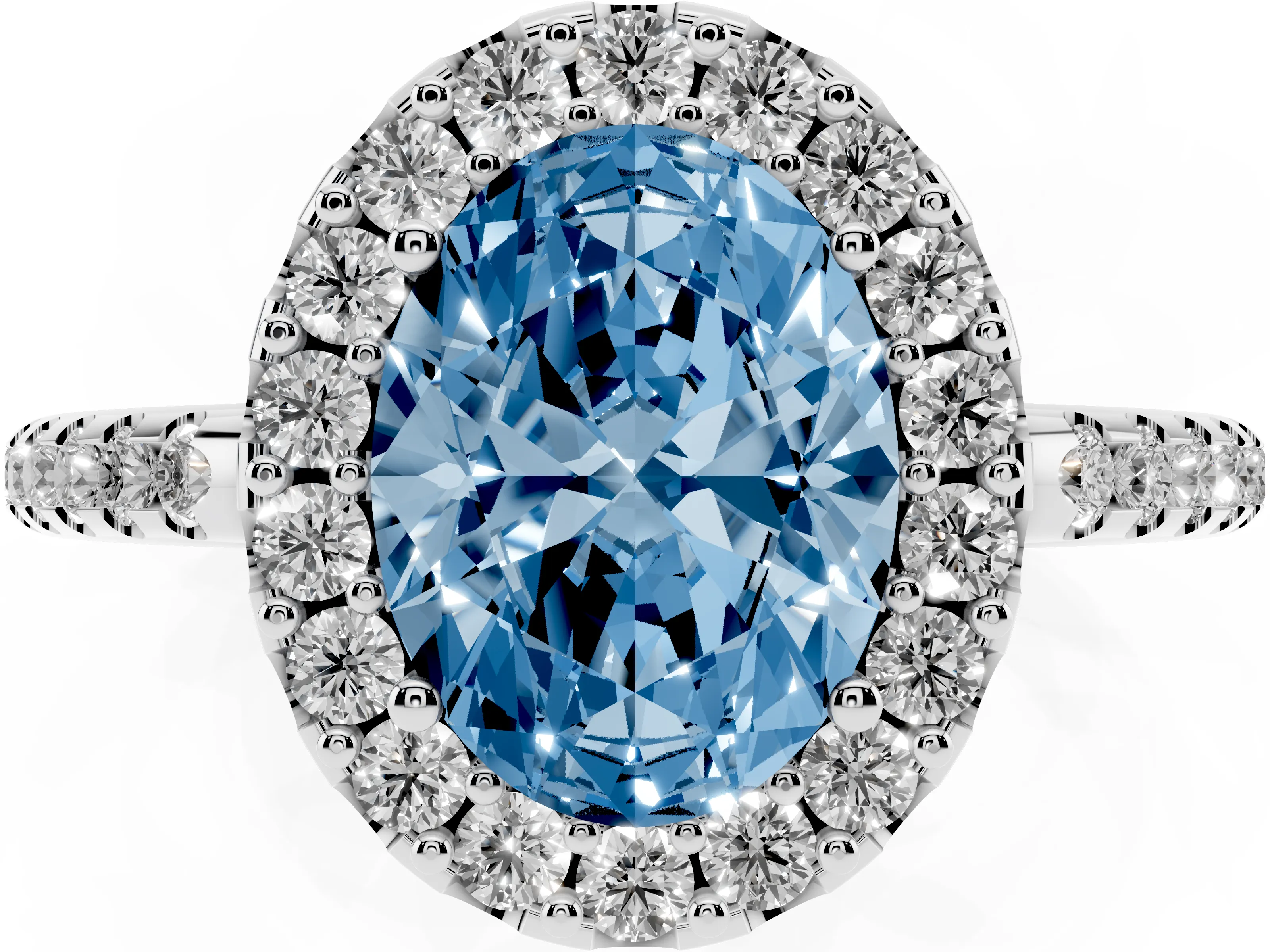 Fancy Blue Oval Cut Diamond Pavé Halo Ring Set in Platinum with Prong Setting