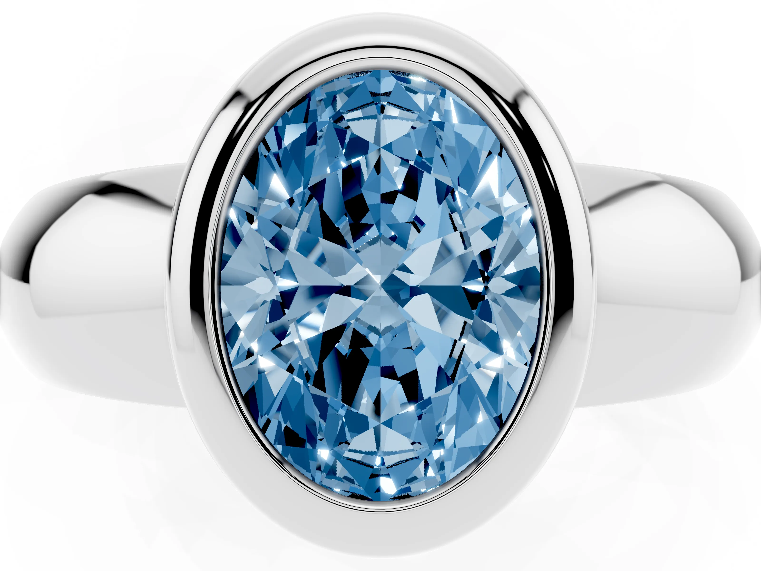 Fancy Blue Bezel Set Oval Cut Diamond Solitaire Ring Set in Platinum with Wide Band