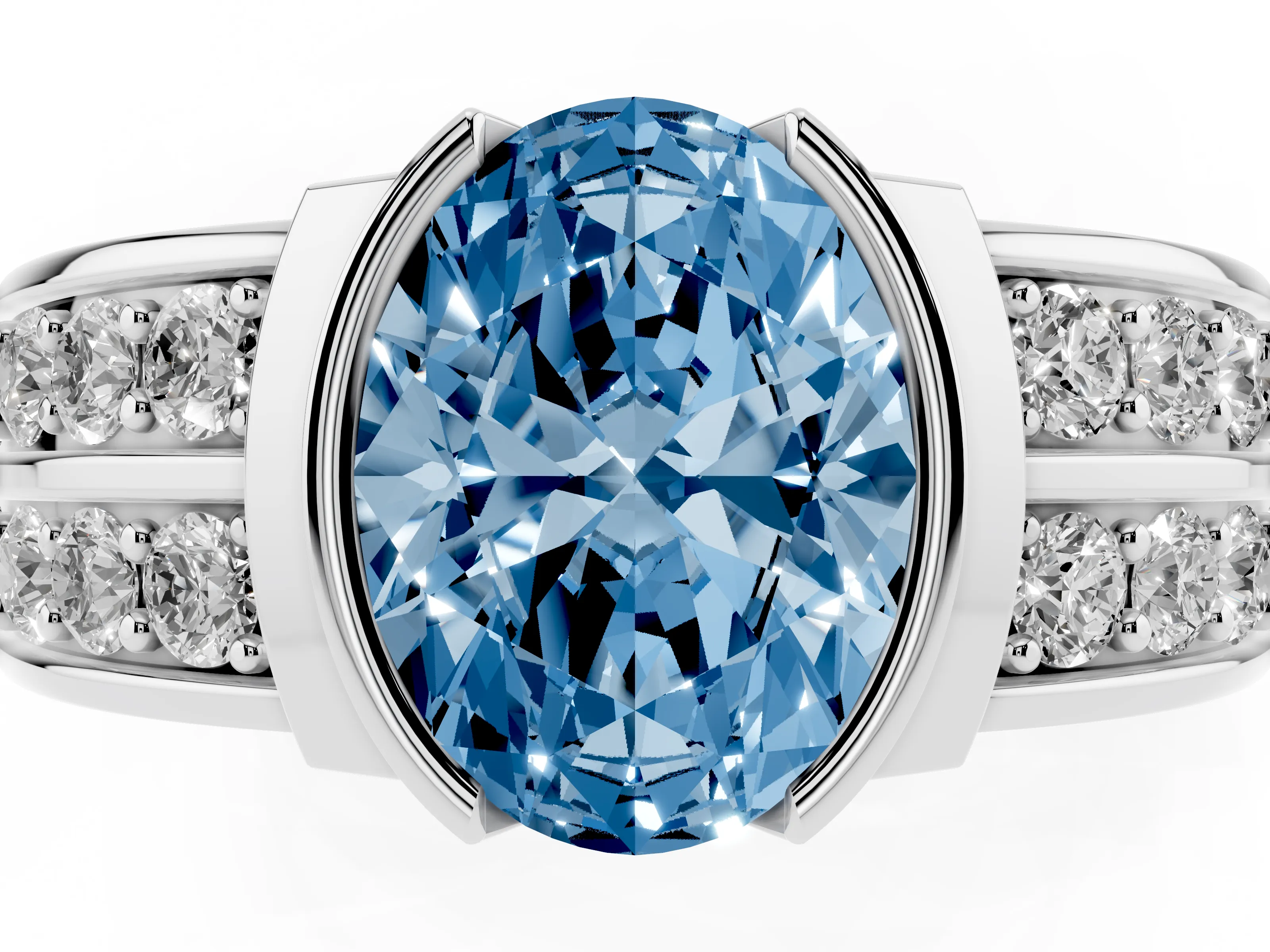 Fancy Blue Oval Cut Diamond Wide Channel Set Band Ring Set in White gold with Bezel Setting