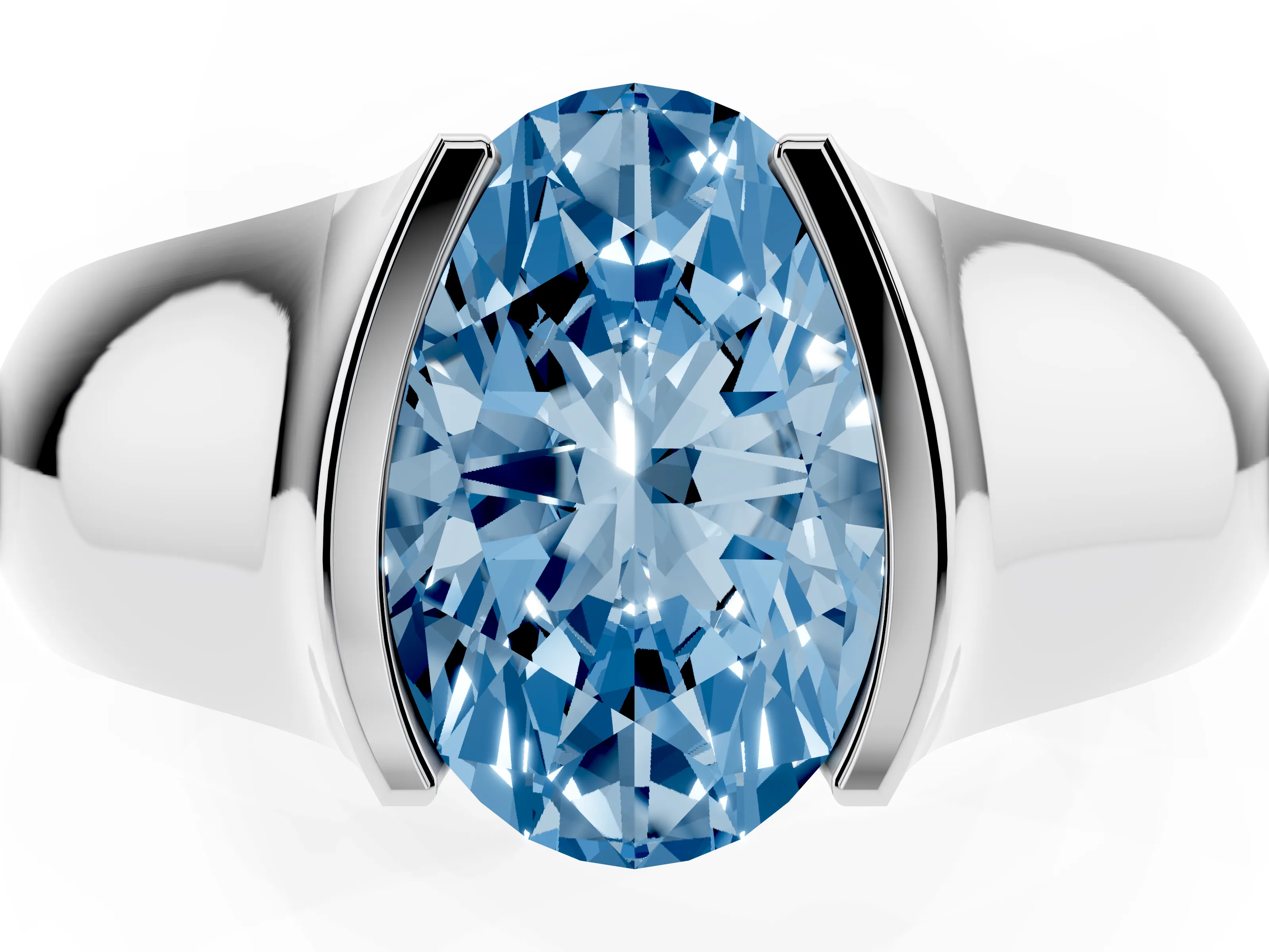 Fancy Blue Oval Cut Diamond Bezel Solitaire Ring Set in White gold with Wide Band