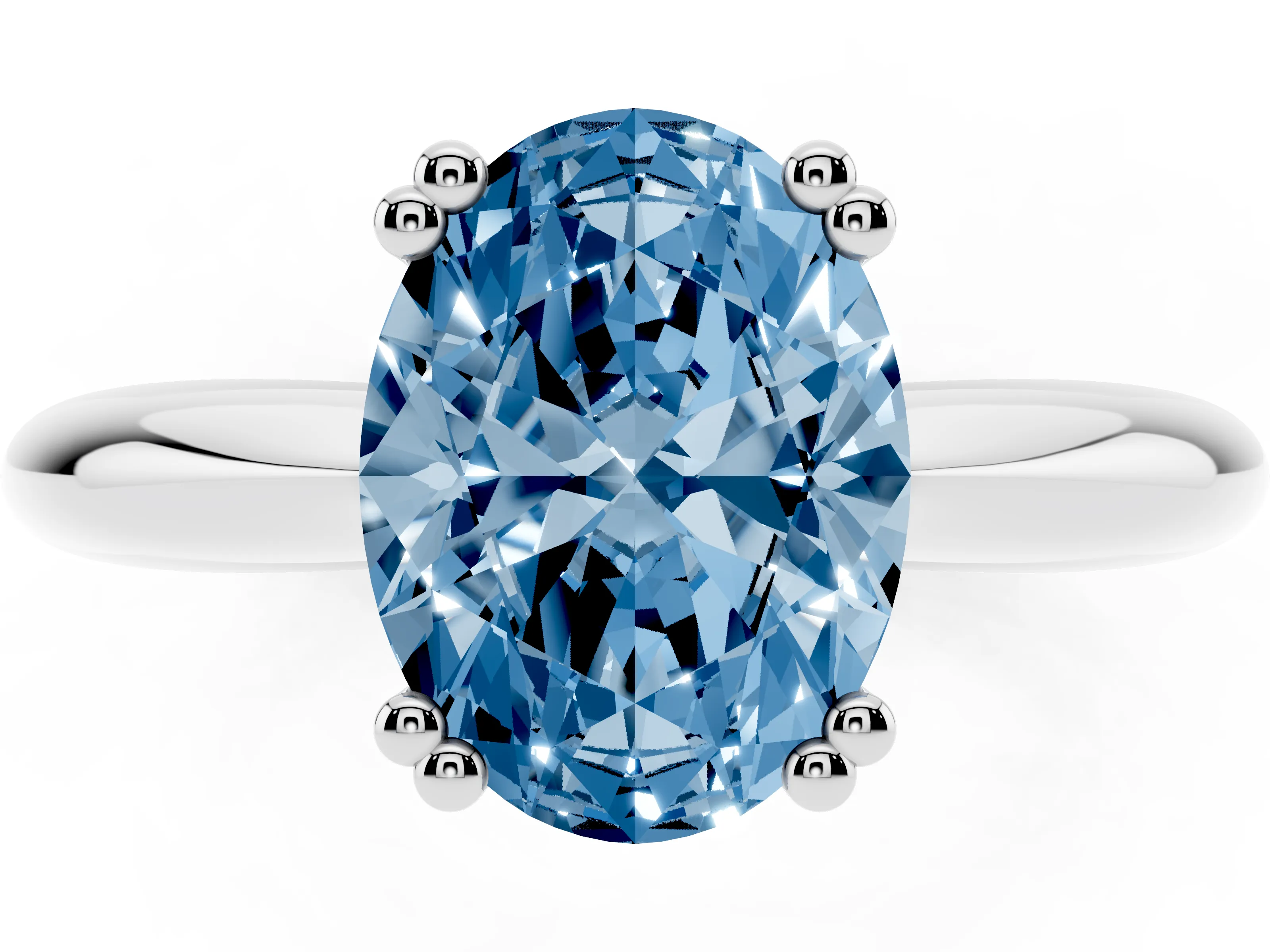 Fancy Blue Oval Cut Diamond Solitaire Engagement Ring Set in Silver with Tapered Band and Prong Setting