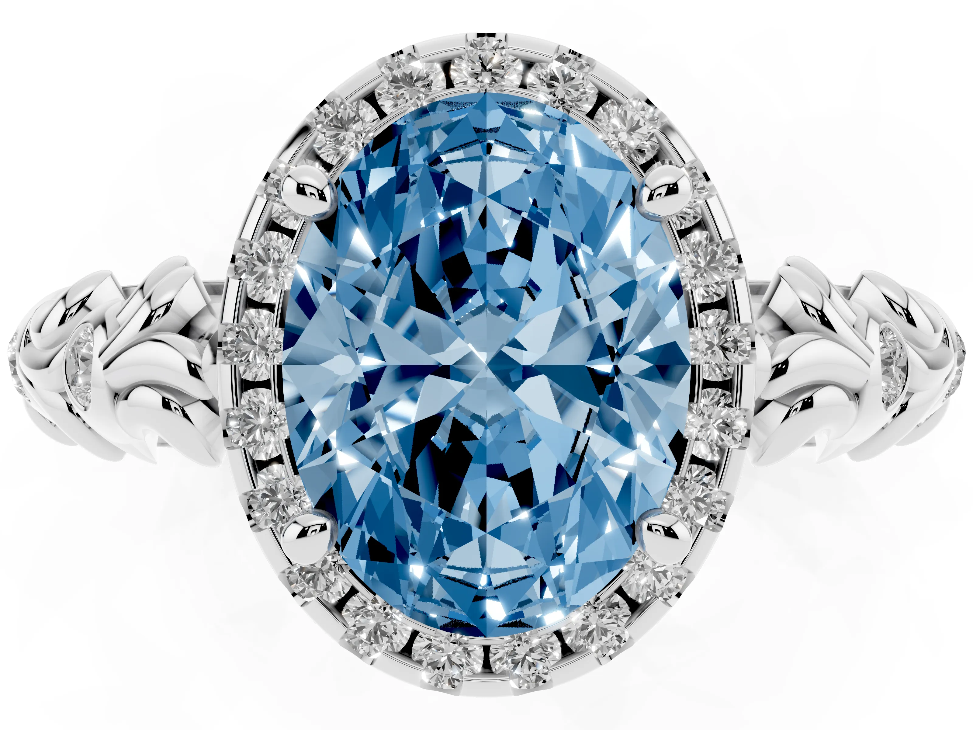 Fancy Blue Oval Cut Diamond Halo Ring Set in White gold with Filigree Leaf Band and Prong Setting