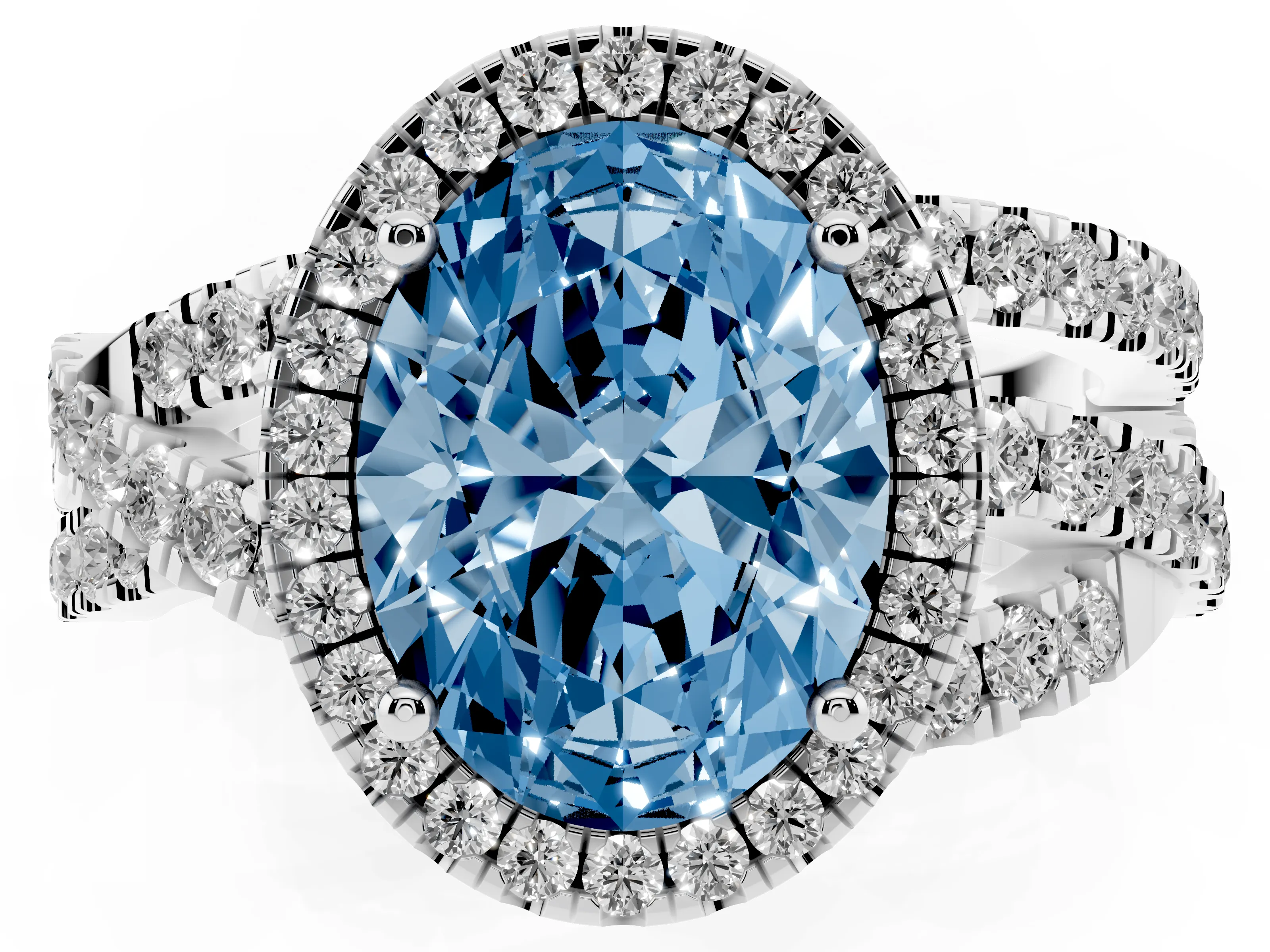 Fancy Blue Oval Cut Diamond Halo Ring Set in Platinum with Round Crossover Split Shank and Prong Setting