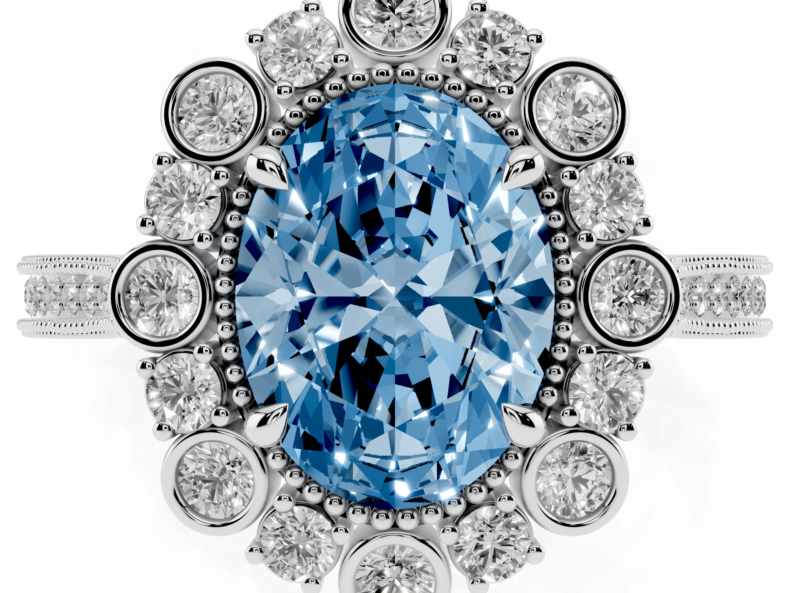Fancy Blue Oval Cut Diamond Halo Milgrain Pavé Ring Set in Silver with Prong Setting