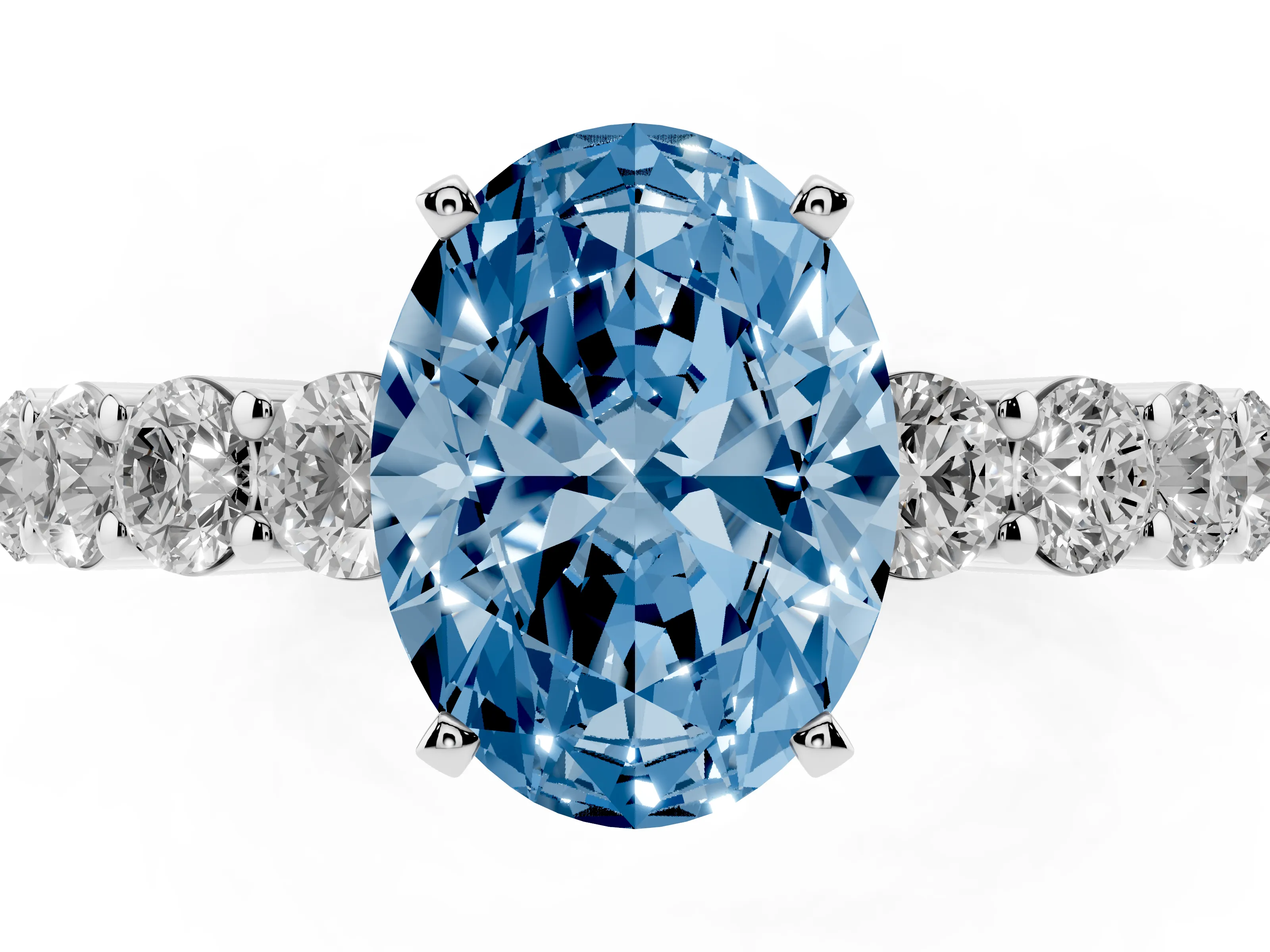 Fancy Blue Oval Cut Diamond Solitaire Ring Set in Platinum with Shared Prong Round Side Stones