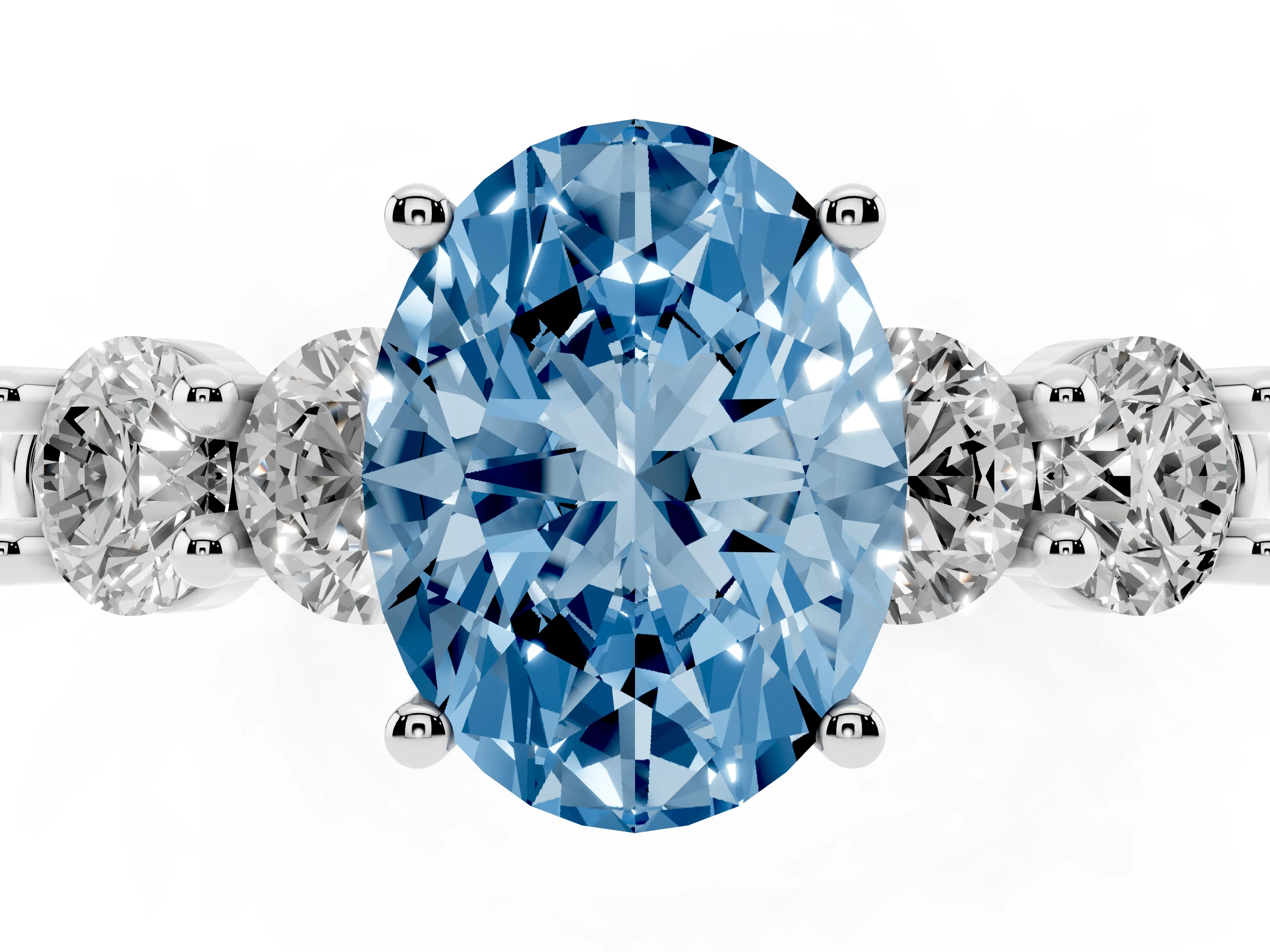 Fancy Blue Oval Cut Diamond Five-Stone Prong Set Ring Set in White gold with Classic Band