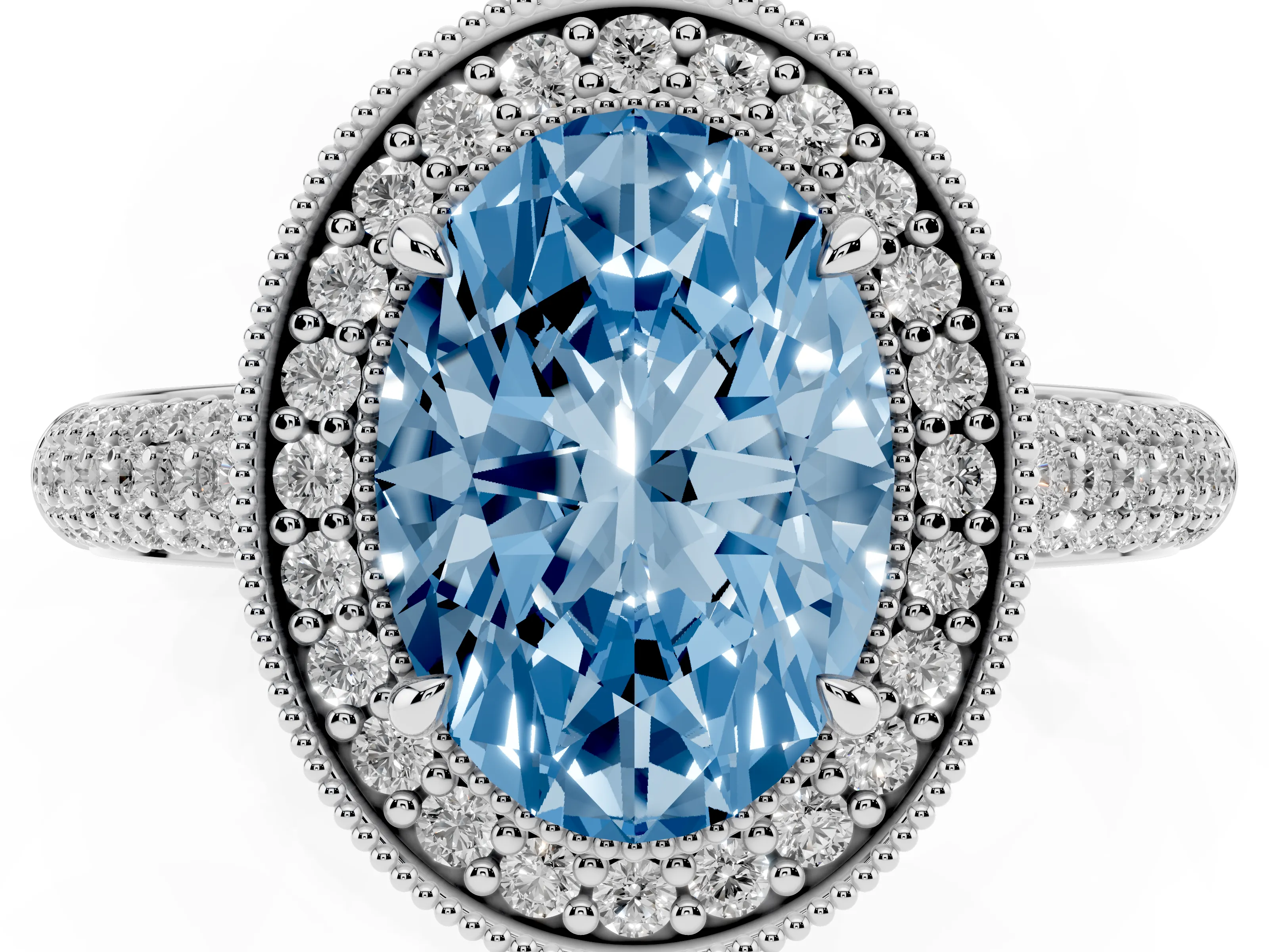 Fancy Blue Oval Cut Diamond Halo Pavé Band Set in Silver with Prong Setting