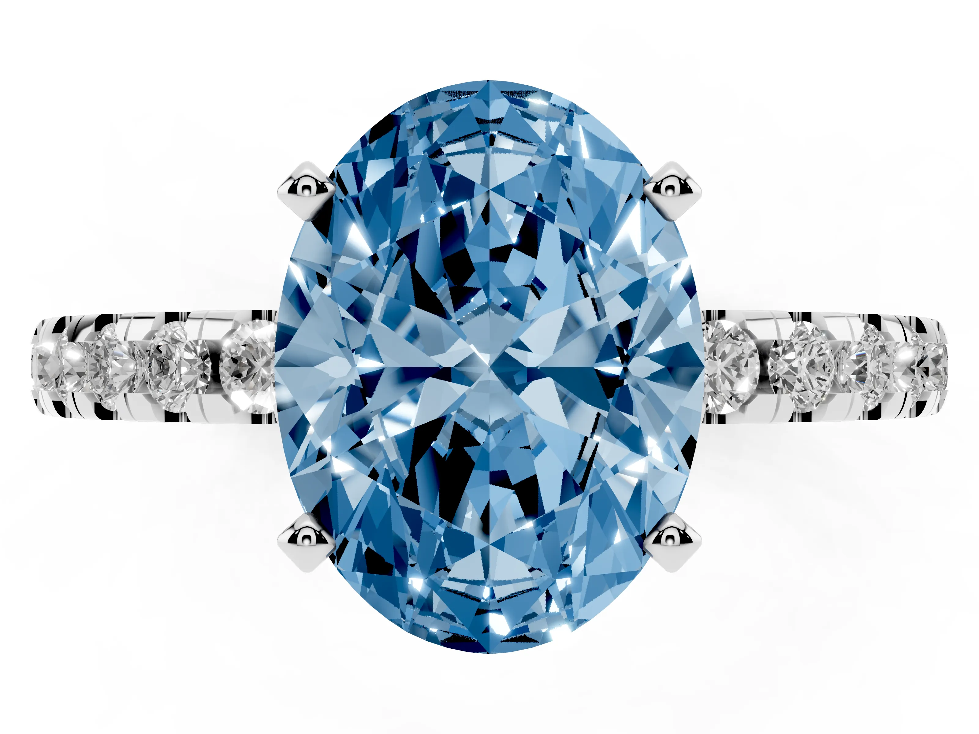 Fancy Blue Oval Cut Diamond Pavé Solitaire Ring Set in Platinum with Round Band Accents and Prong Setting