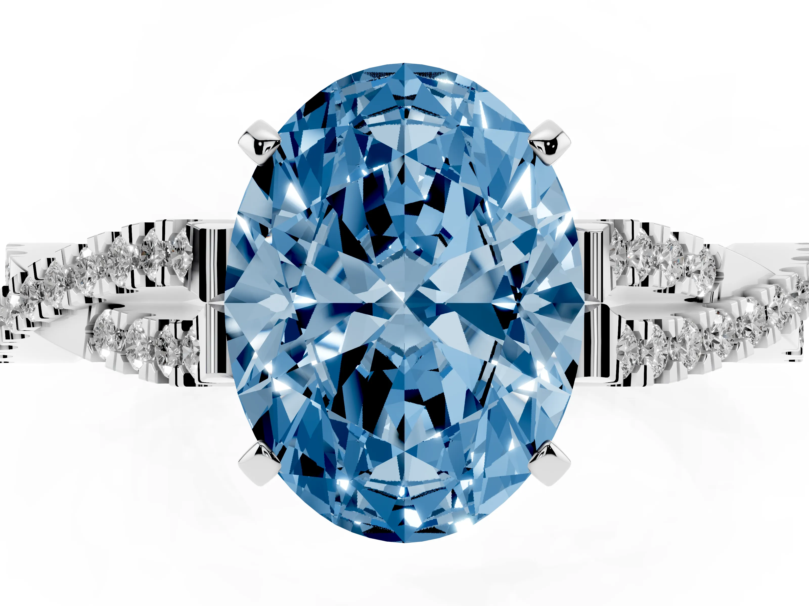 Fancy Blue Oval Cut Diamond Solitaire Engagement Ring Set in White gold with Twisted Pavé Band and Prong Setting