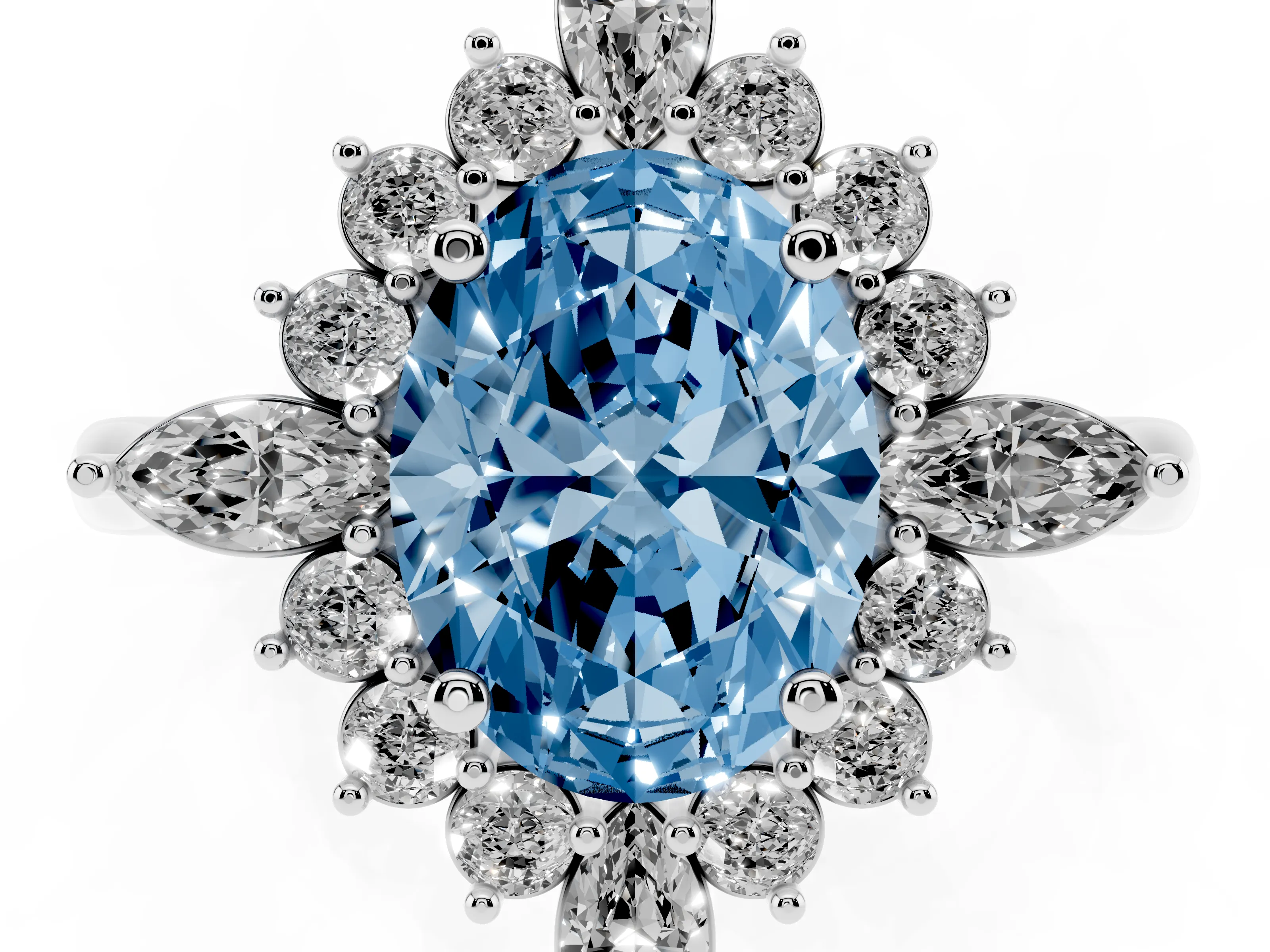 Fancy Blue Oval Cut Diamond Cluster Halo Ring Set in Platinum with Marquise and Round Accents