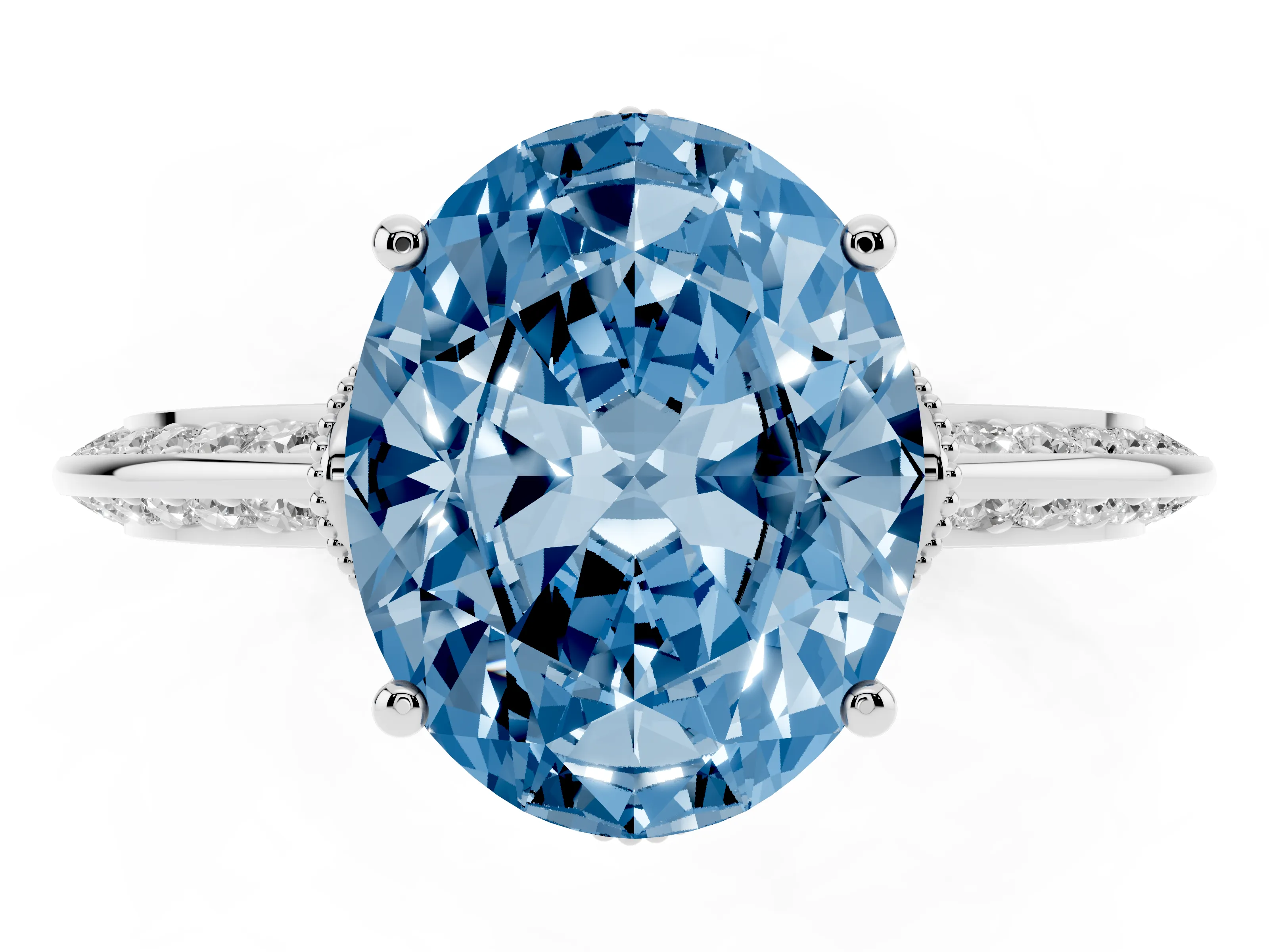 Fancy Blue Oval Cut Diamond Solitaire Engagement Ring Set in Silver with Pavé Split Shank and Prong Setting