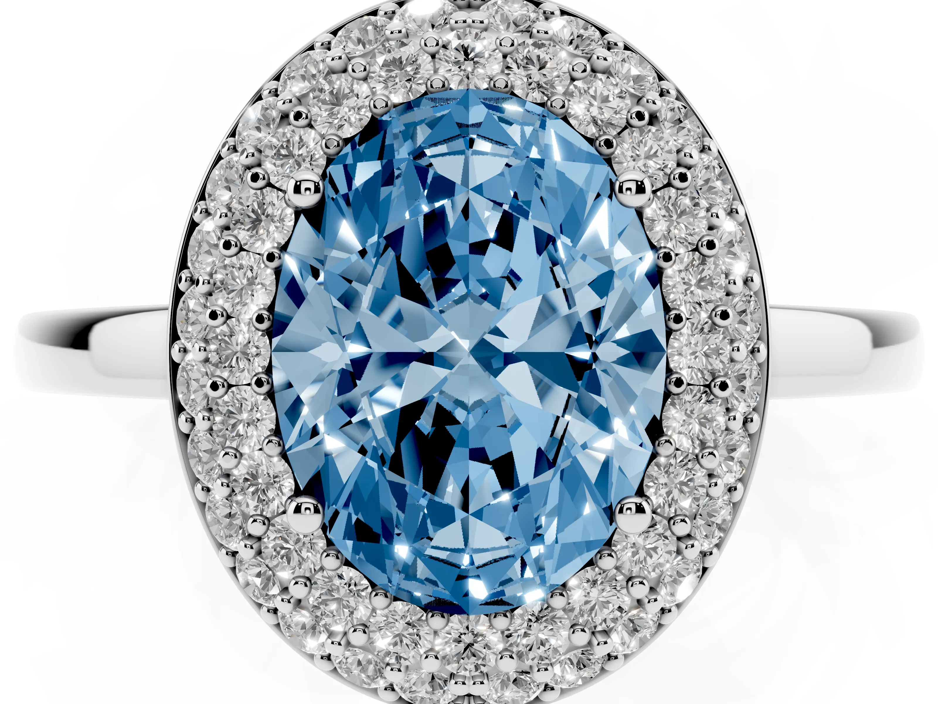 Fancy Blue Oval Cut Diamond Halo Engagement Ring Set in Silver with Solitaire Band and Prong Setting