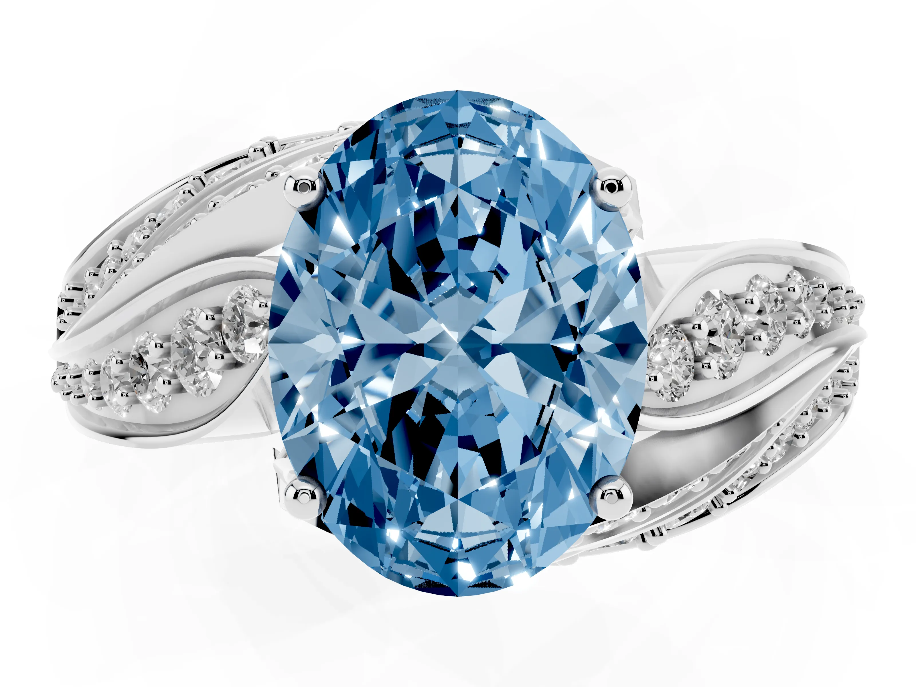 Fancy Blue Oval Cut Diamond Solitaire Ring Set in Silver with Layered Twist Pavé Band
