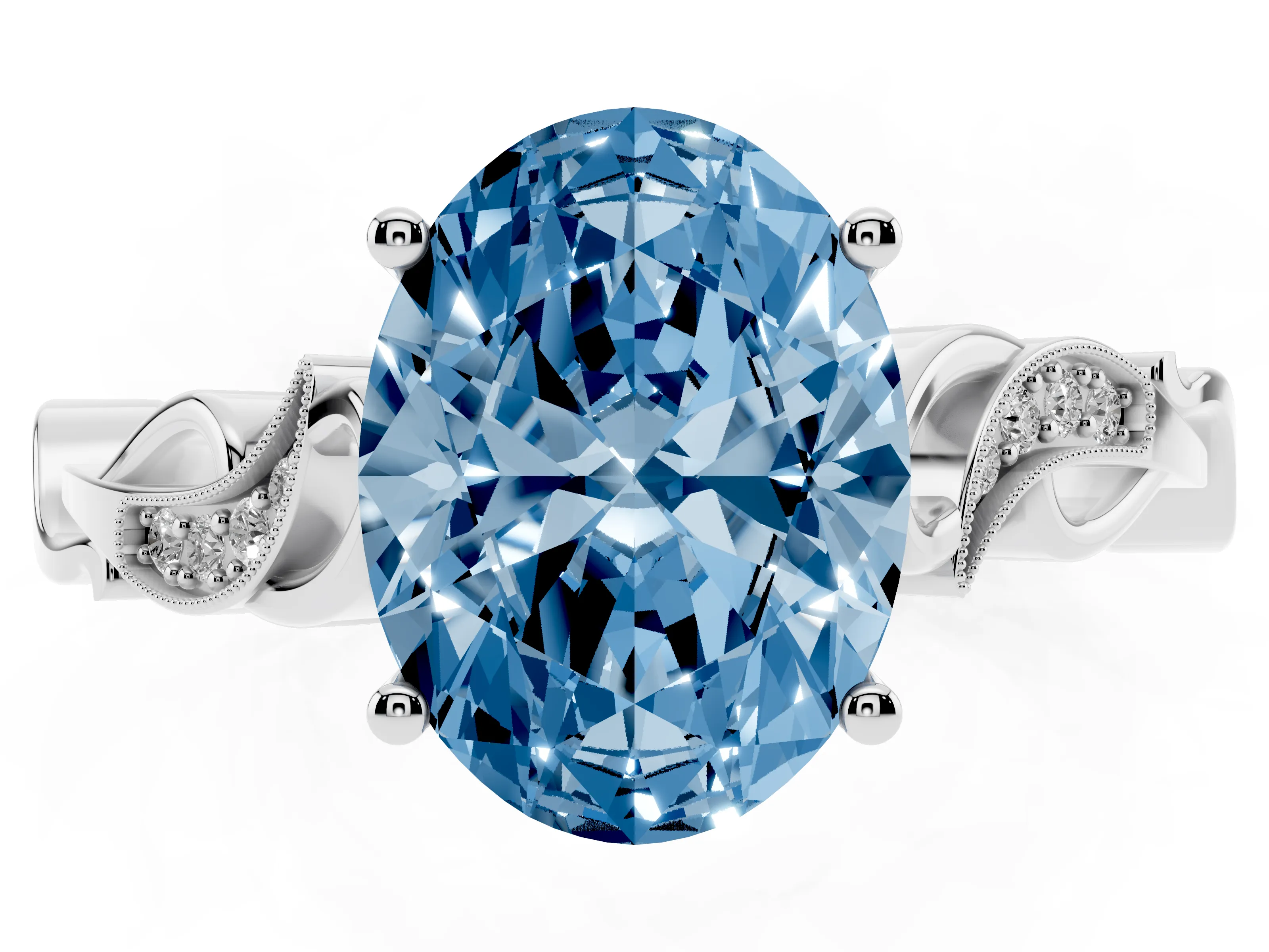 Fancy Blue Oval Cut Diamond Vine Band Solitaire Ring Set in Silver with Milgrain Prong Setting
