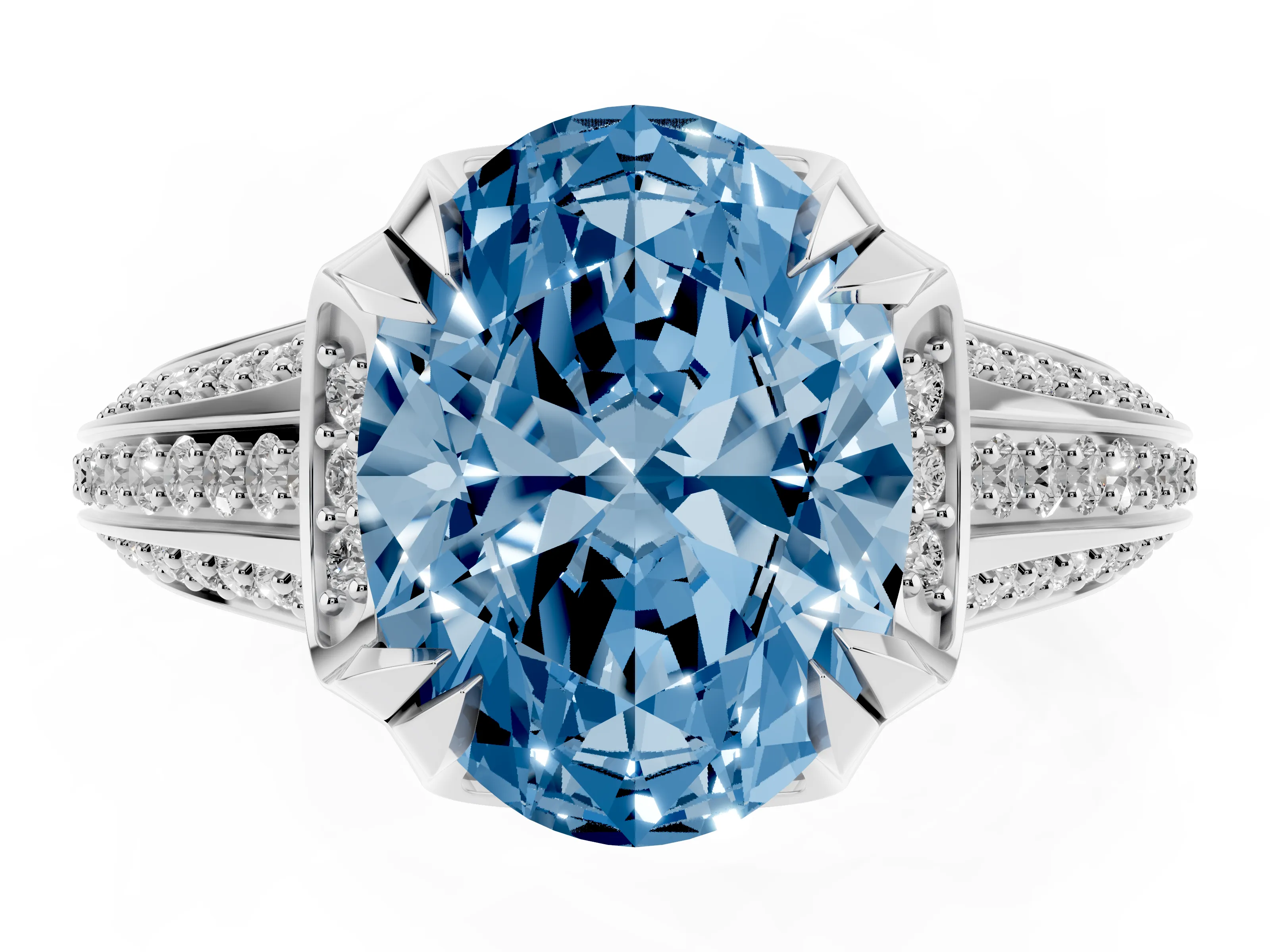 Fancy Blue Oval Cut Diamond Pavé Split Shank Solitaire Ring Set in White gold with Prong Setting