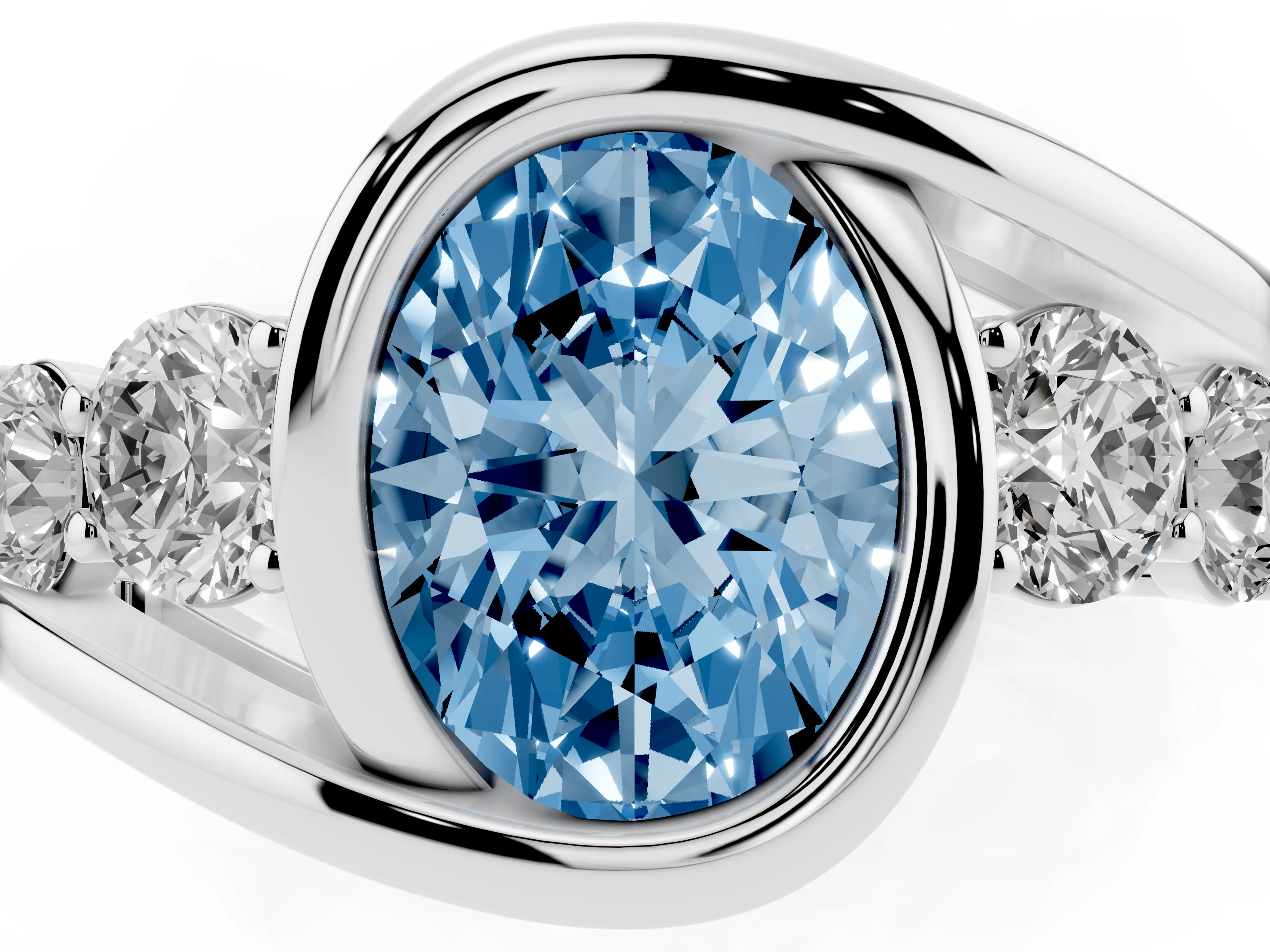 Fancy Blue Oval Cut Diamond Bezel Bypass Ring Set in Silver with Round Accents