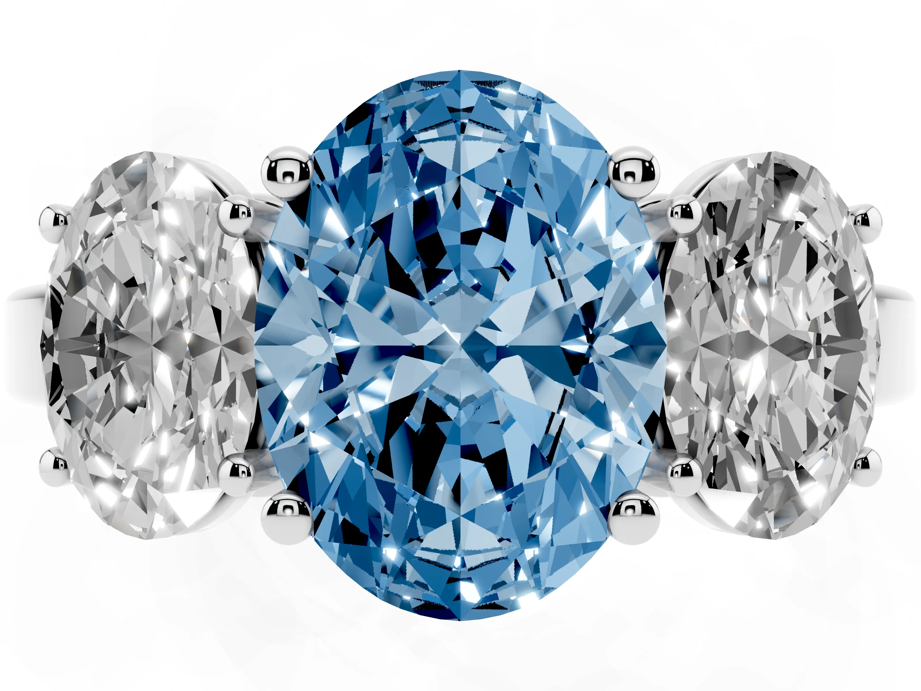Fancy Blue Oval Cut Diamond Three-Stone Engagement Ring Set in Platinum with Flat Band