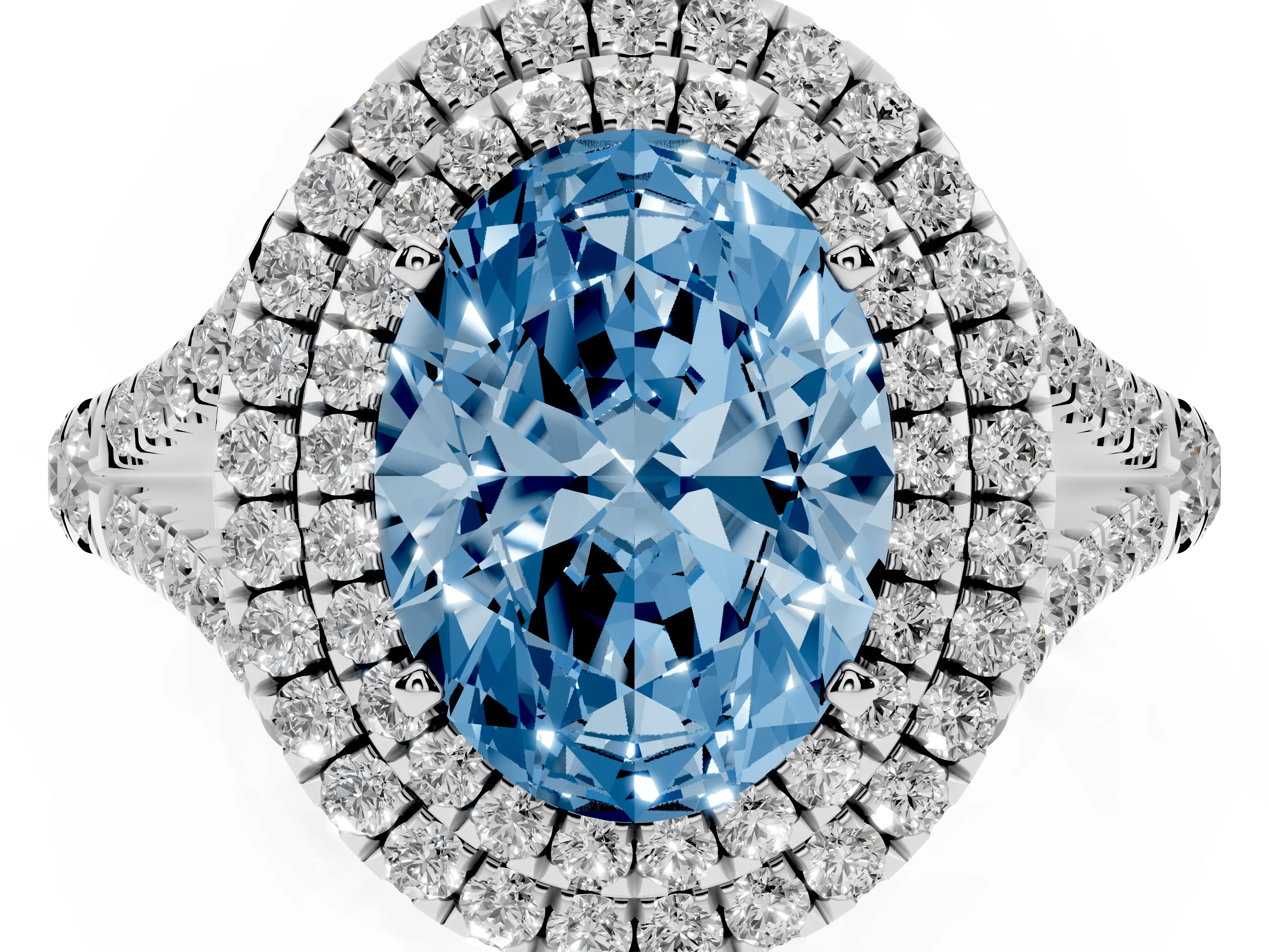 Fancy Blue Oval Cut Diamond Pavé Split Shank Double Halo Engagement Ring Set in Silver