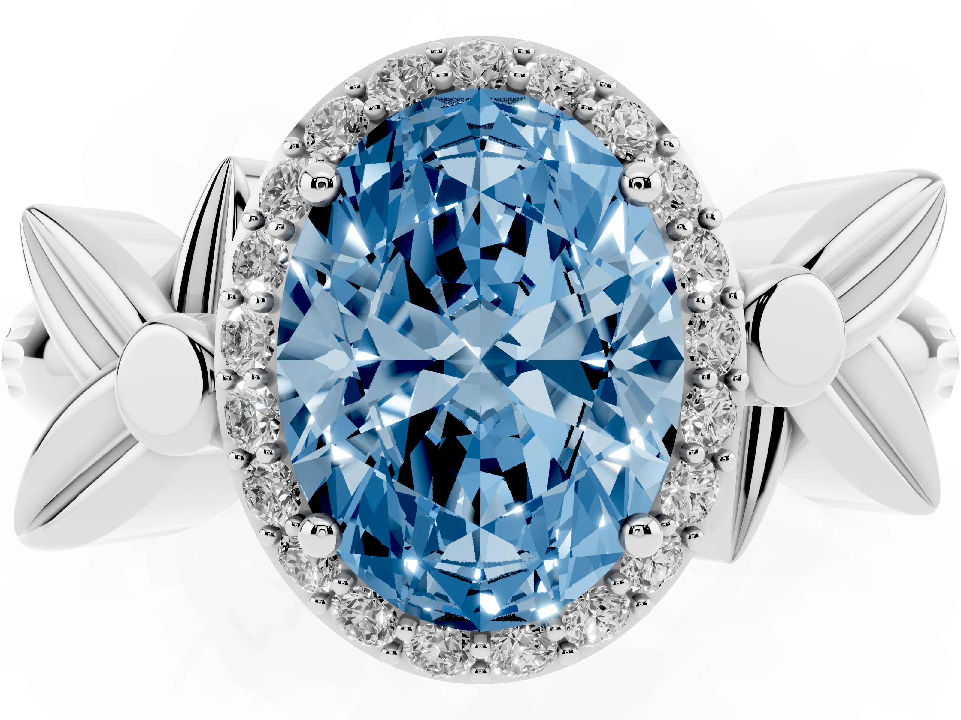 Fancy Blue Oval Cut Diamond Halo Floral Band Ring Set in Platinum with Prong Setting
