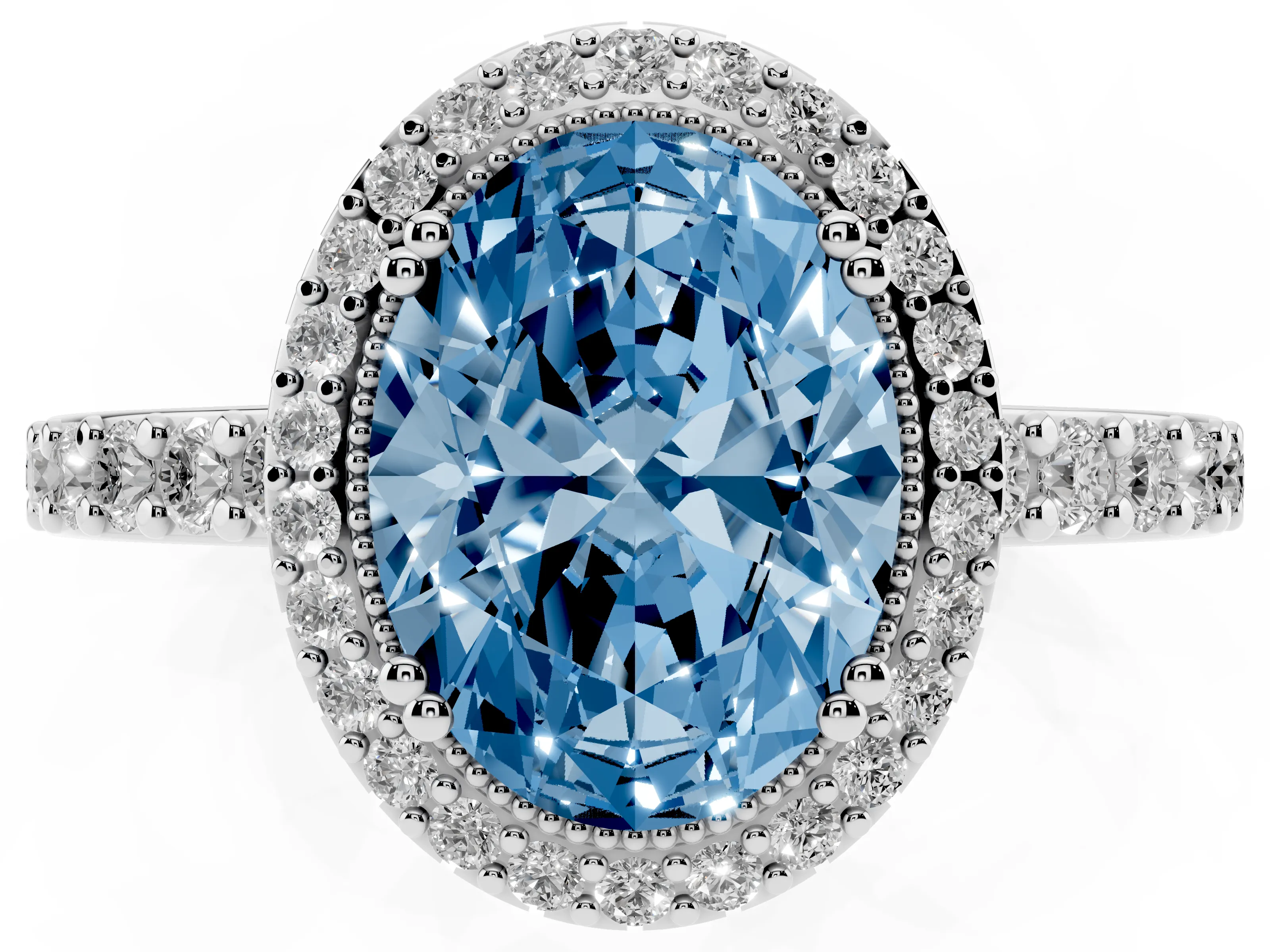 Fancy Blue Oval Cut Diamond Halo Engagement Ring Set in White gold with Milgrain Detail and Pavé Band