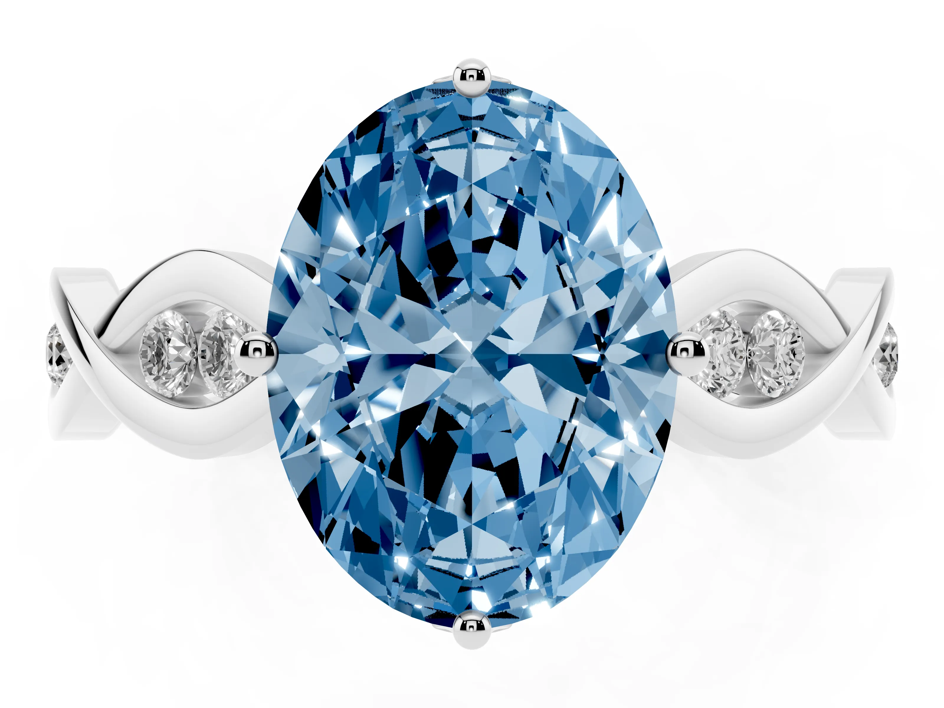 Fancy Blue Oval Cut Diamond Twist Band Solitaire Ring Set in Silver with Leaf Prong Setting and Accent Stones
