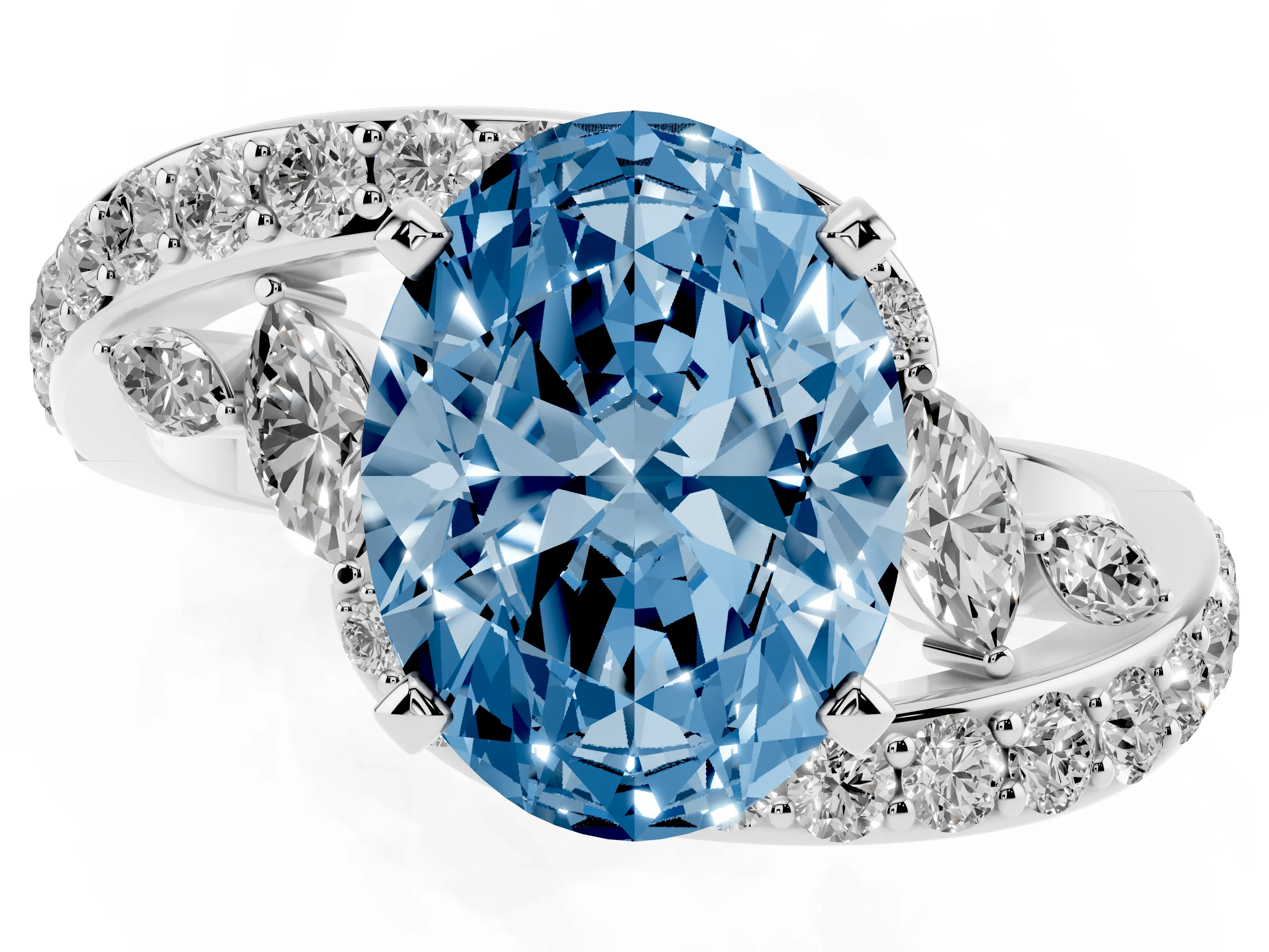 Fancy Blue Oval Cut Diamond Solitaire Ring Set in Silver with Pavé Twist Band and Secure Prong Setting