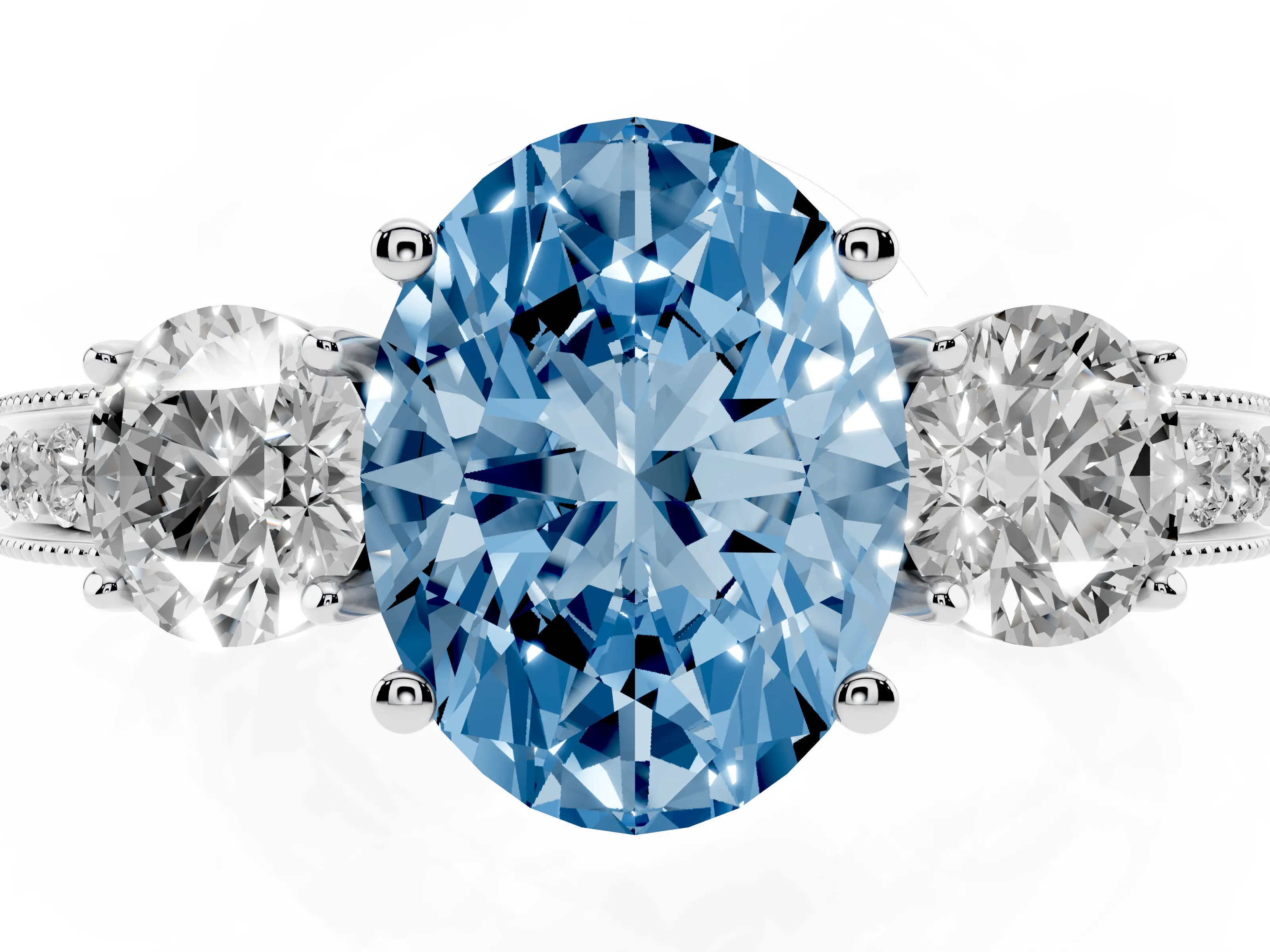Fancy Blue Oval Cut Diamond Three-Stone Ring Set in Silver with Round Side Stones and Pavé Band