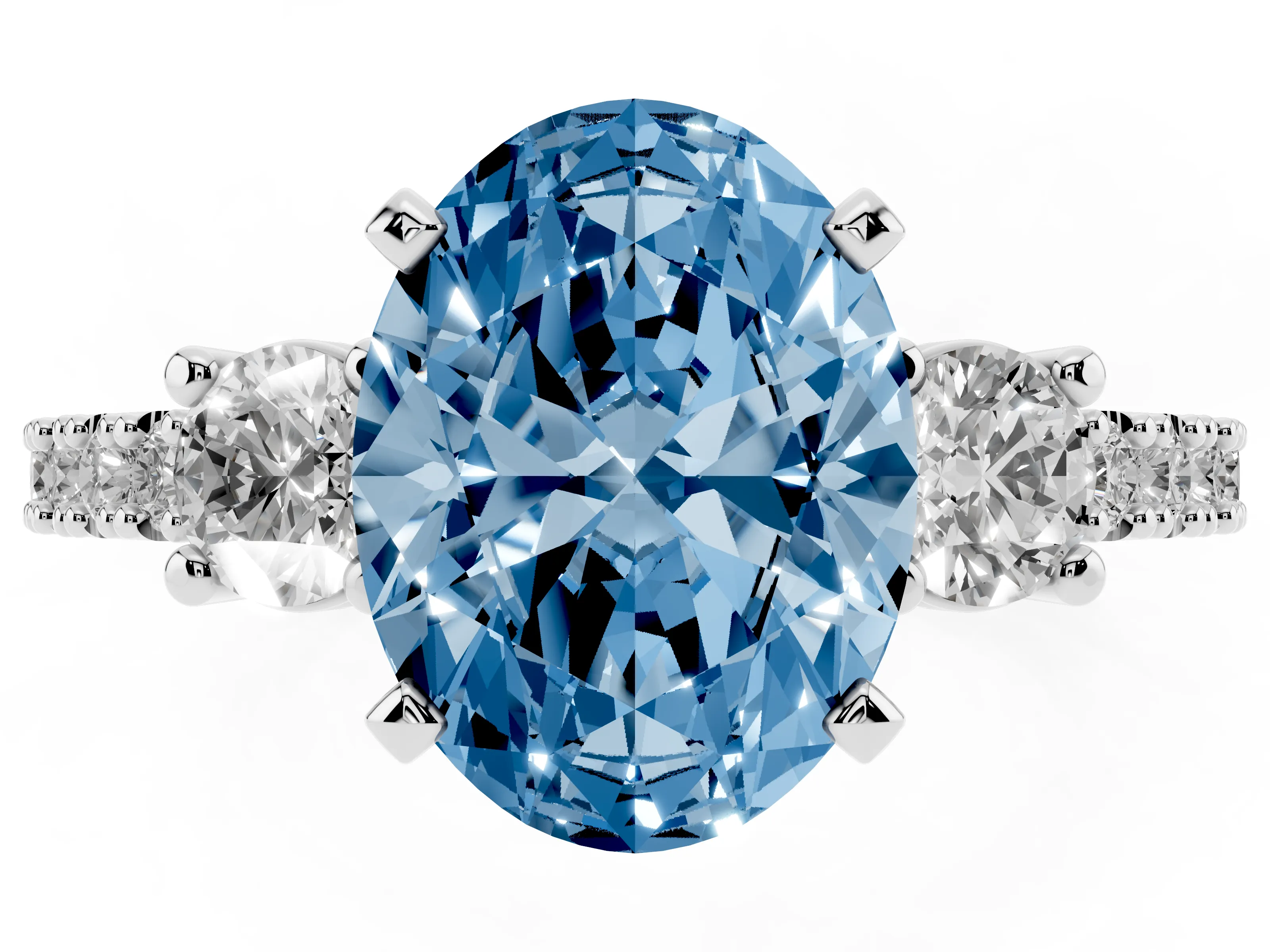 Fancy Blue Three-Stone Oval Cut Diamond Pavé Band Ring Set in White gold with Prong Setting