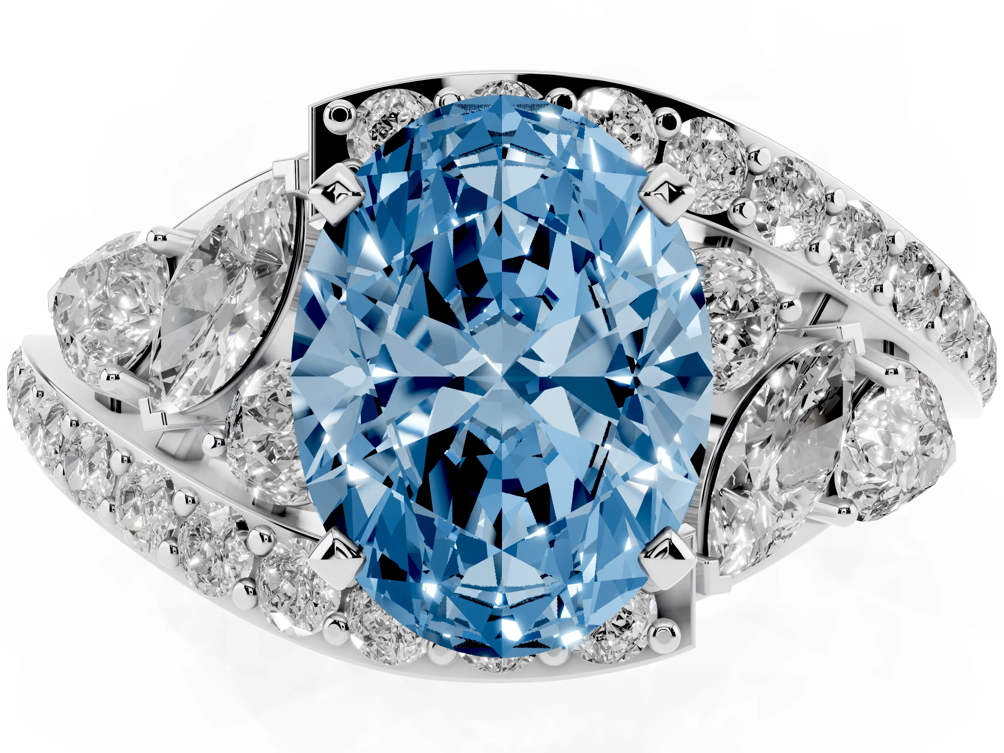 Fancy Blue Oval Cut Diamond Halo Ring Set in White gold with Marquise and Pavé Band in Prong Setting