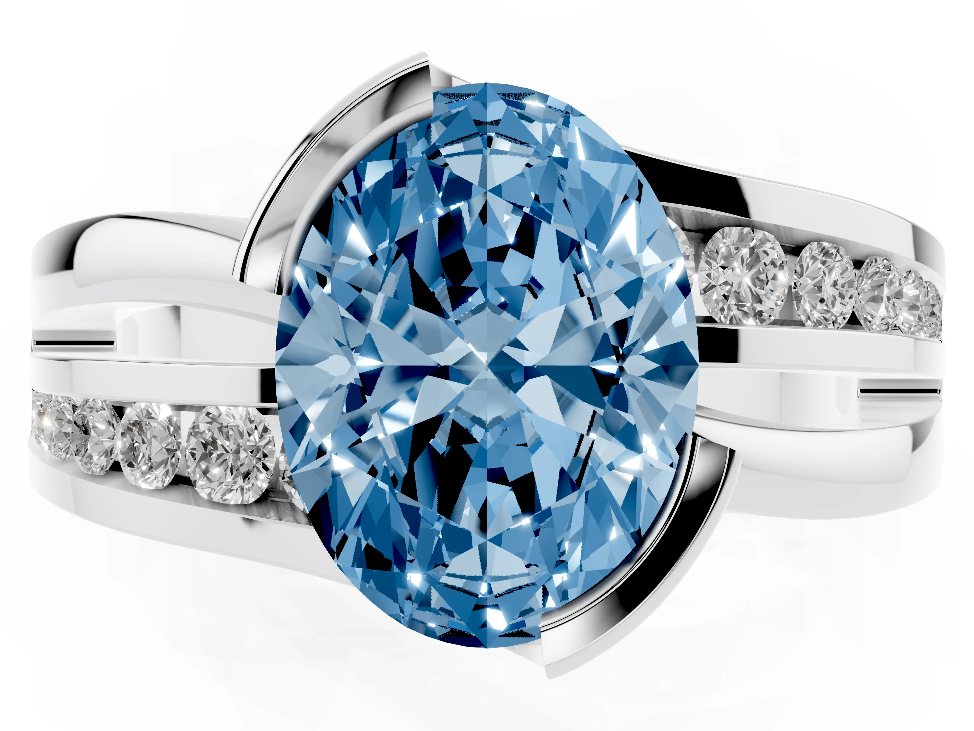 Fancy Blue Oval Cut Diamond Solitaire Ring Set in Silver with Channel Set Split Shank and Tension Prongs