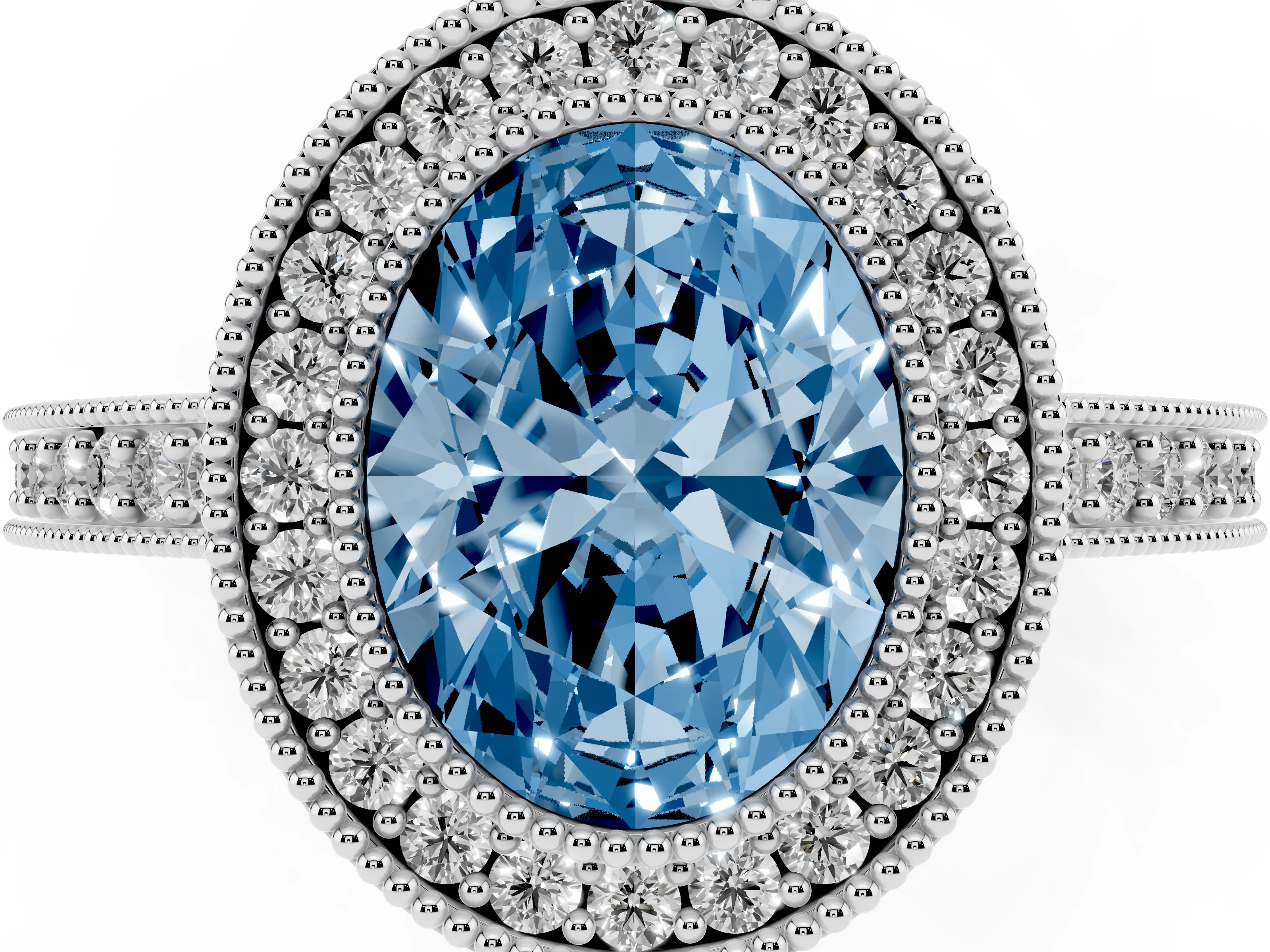 Fancy Blue Oval Cut Diamond Halo Engagement Ring Set in Silver with Pavé Band and Round Halo Stones