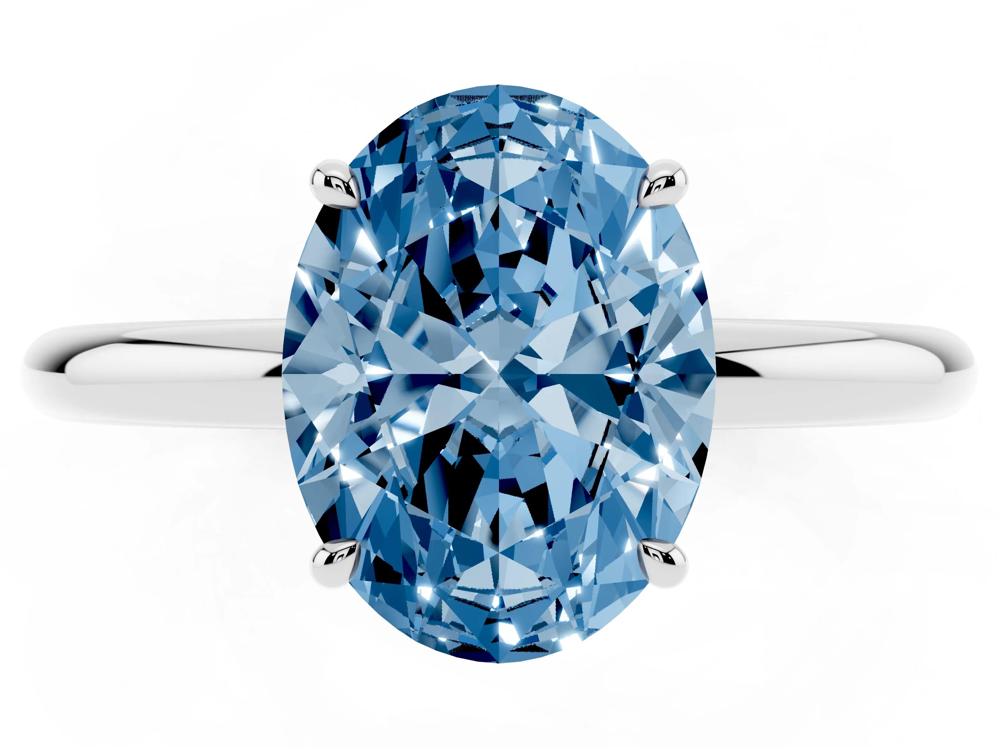 Fancy Blue Oval Cut Diamond Solitaire Ring Set in White gold with Thin Band and Prong Setting